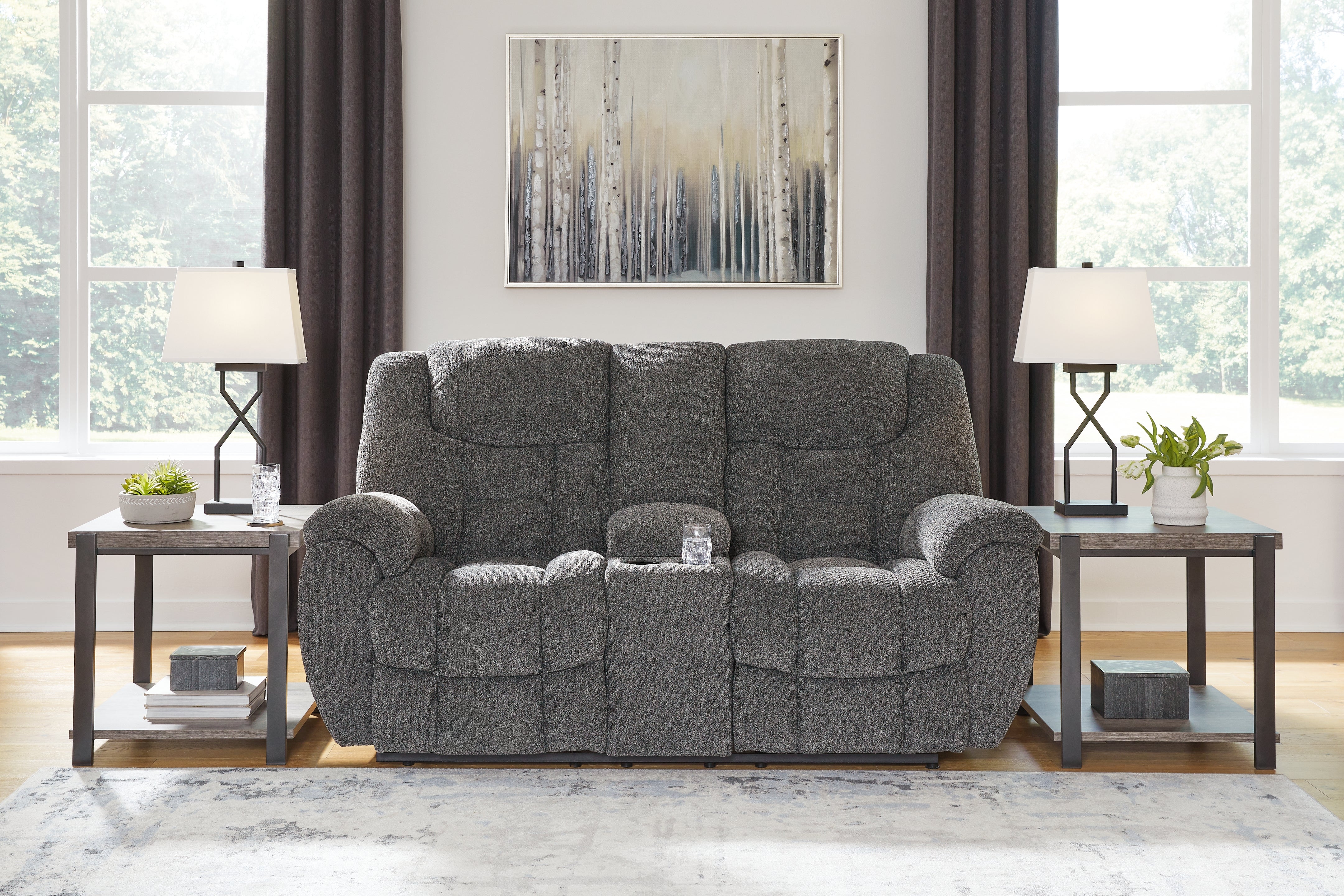 Luxury Living Gallery - Ashley Furniture - Foreside Living Room - DBL Rec Loveseat w/Console / Charcoal - 3810494