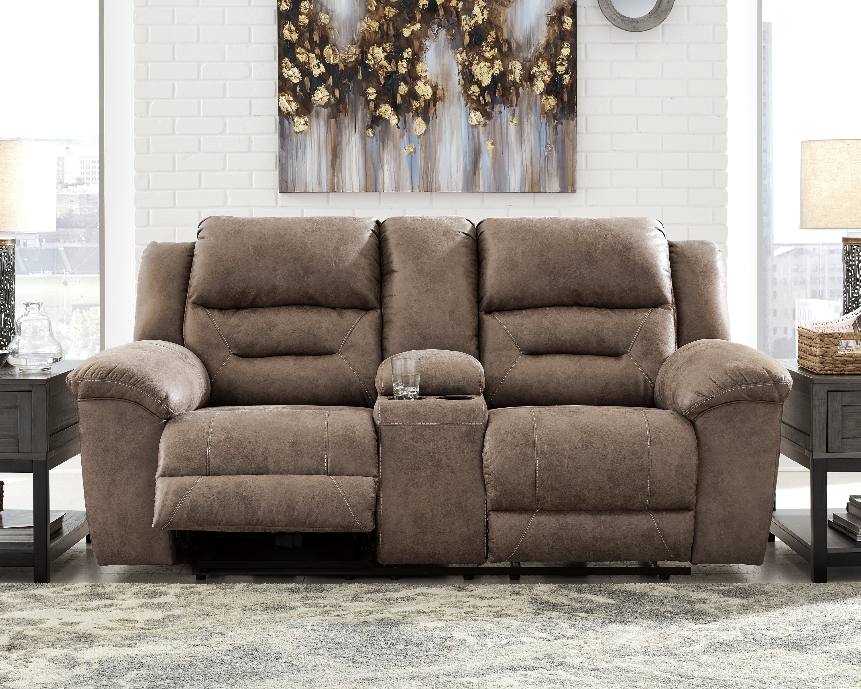 Luxury Living Gallery - Ashley Furniture - Stoneland Living Room - DBL REC PWR Loveseat w/Console / Fossil - 3990596