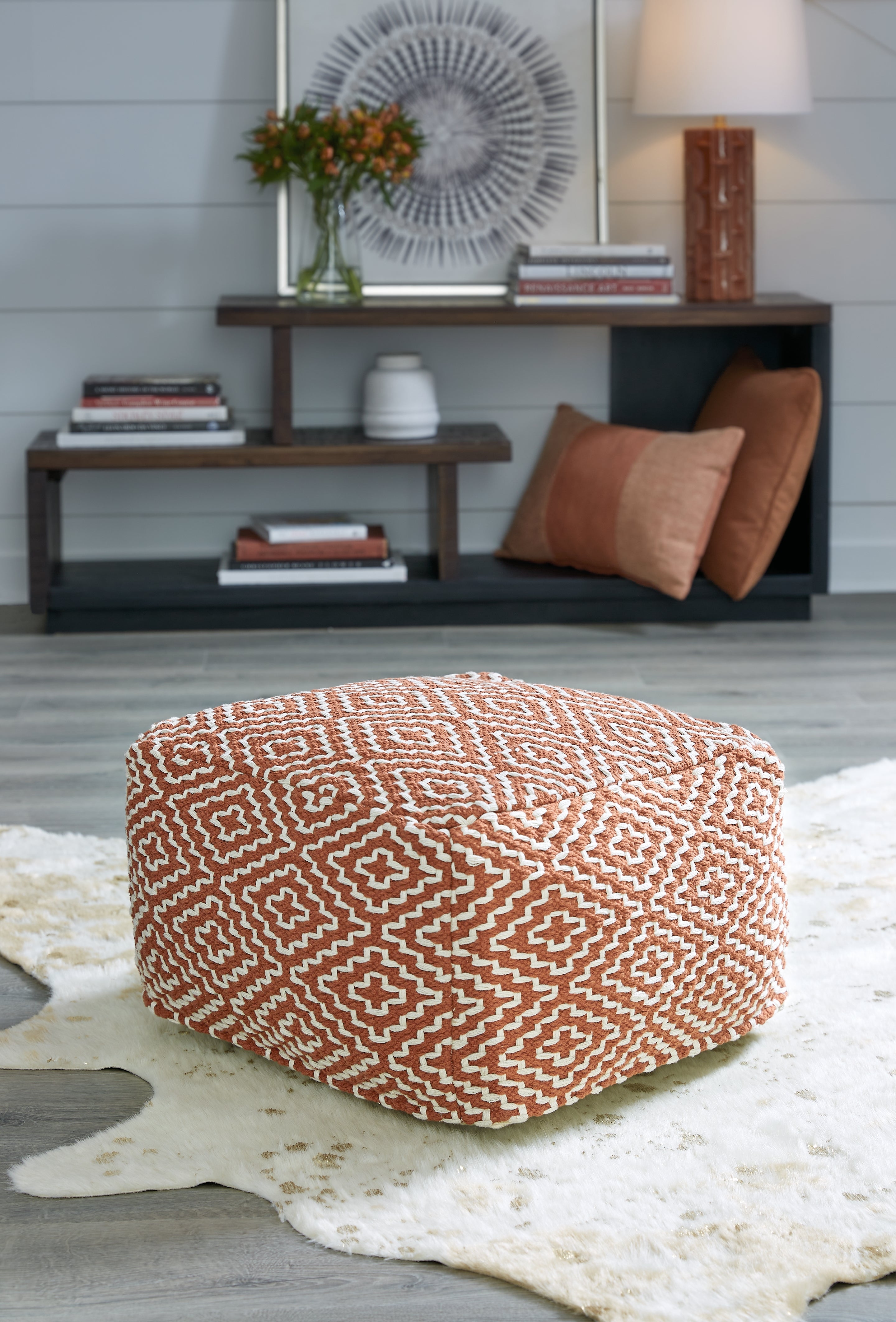 Luxury Living Gallery - Ashley Furniture - Brynnsen Pouf - Pouf / Rust/Ivory - A1001056