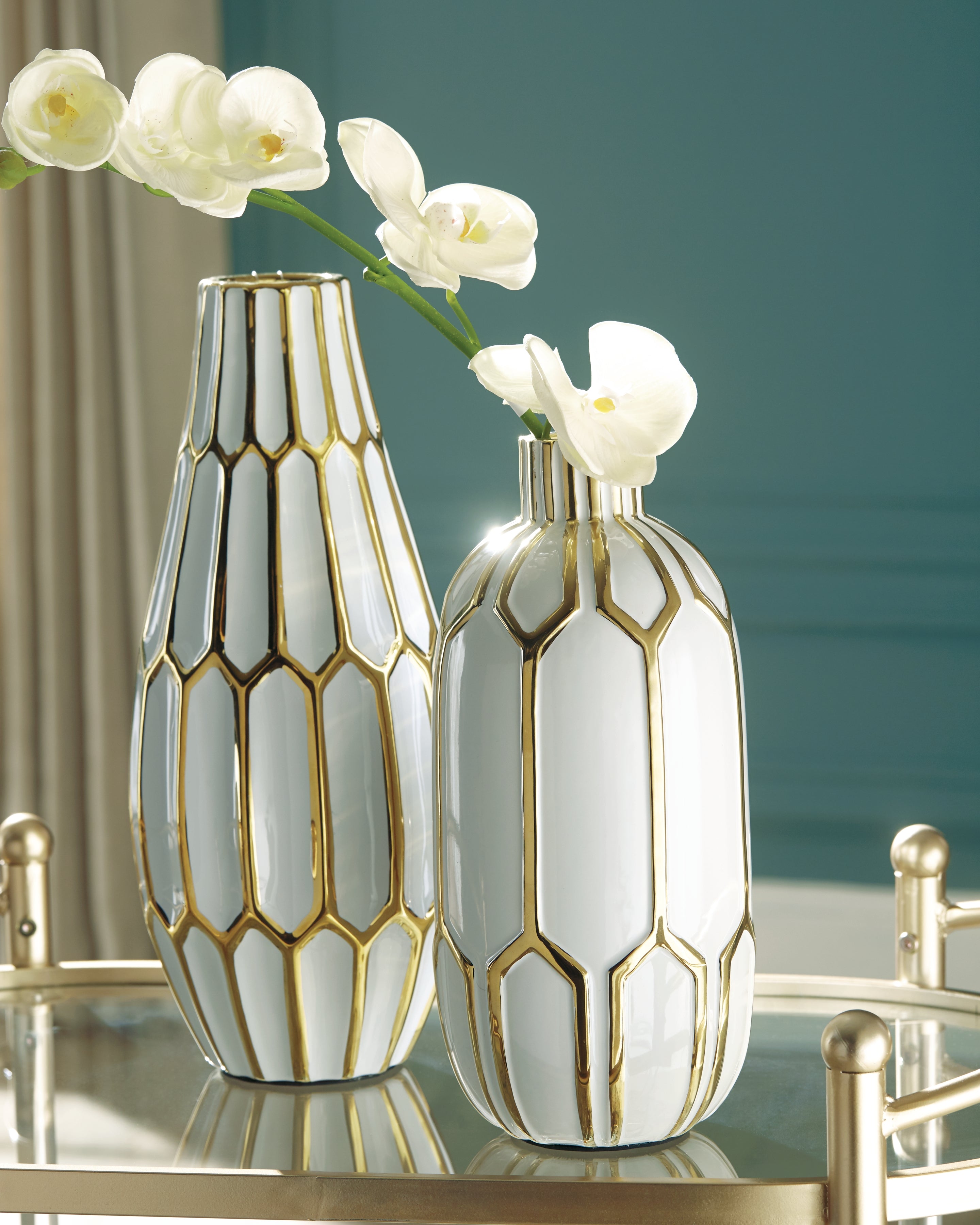 Luxury Living Gallery - Ashley Furniture - Mohsen Vase - Vase Set (Set of 2) / Gold Finish/White - A2000135