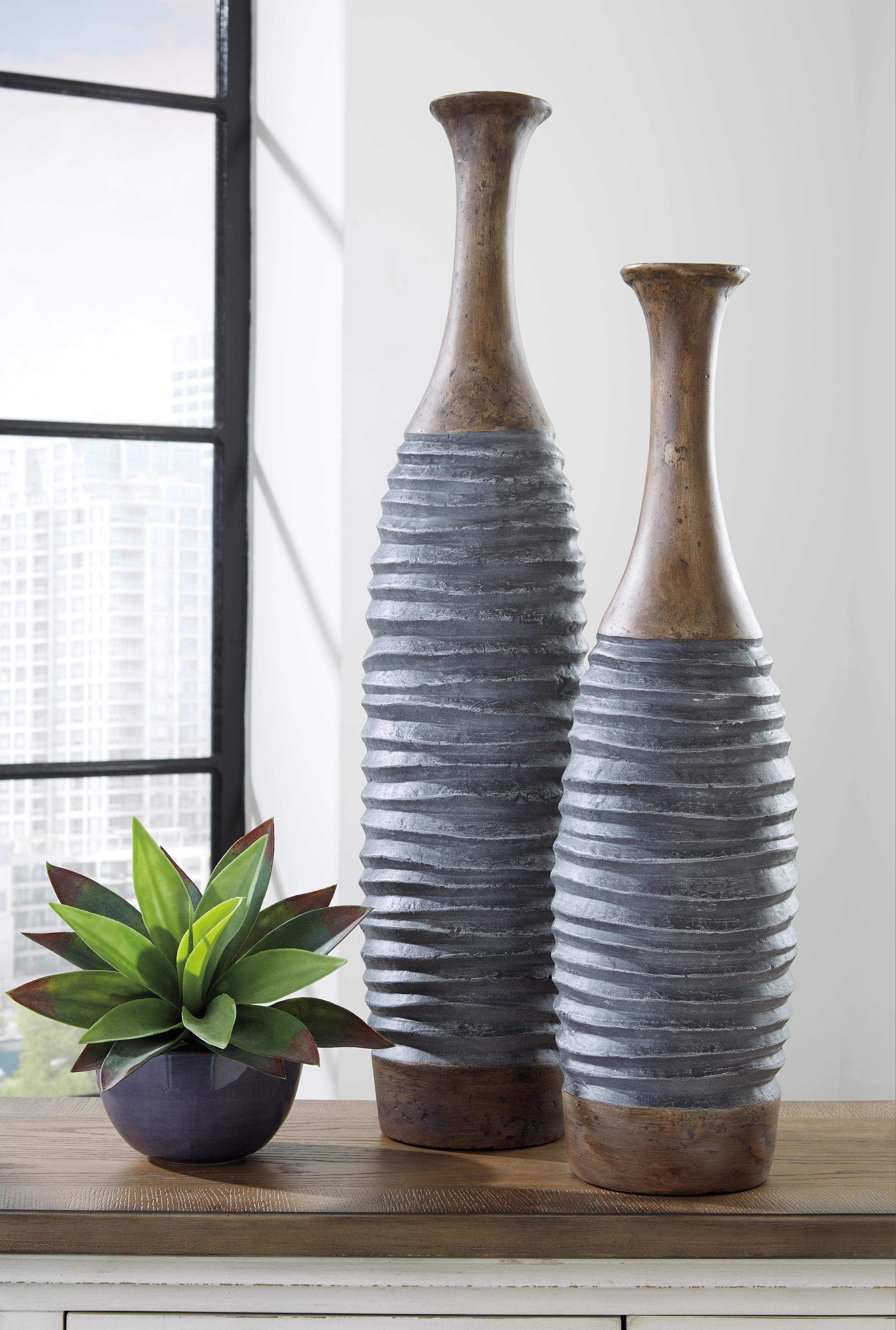 Luxury Living Gallery - Ashley Furniture - Blayze Vase - Vase Set (Set of 2) / Antique Gray/Brown - A2000388