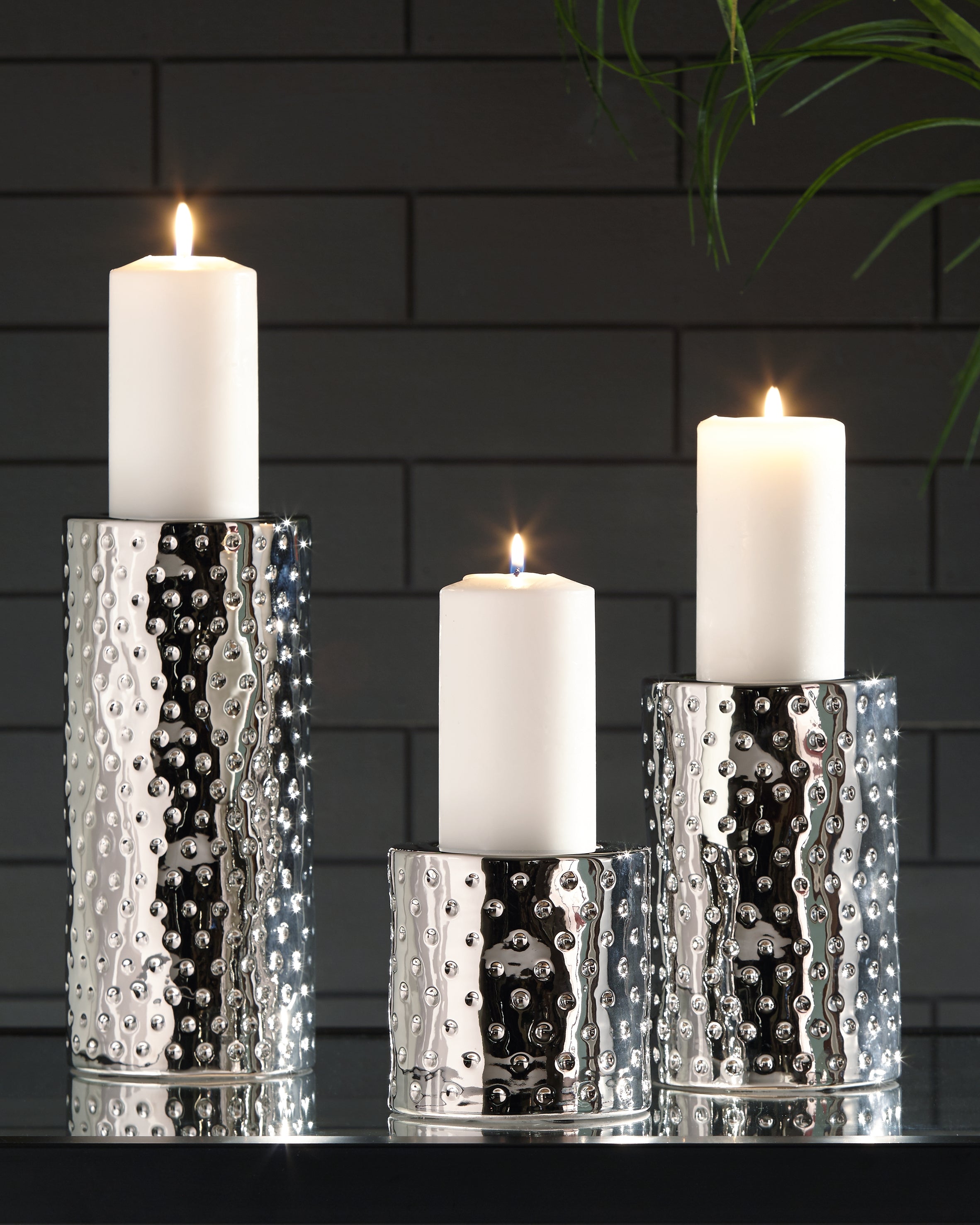 Luxury Living Gallery - Ashley Furniture - Marisa Candle Holder - Candle Holder Set (3/CN) / Silver Finish - A2000460