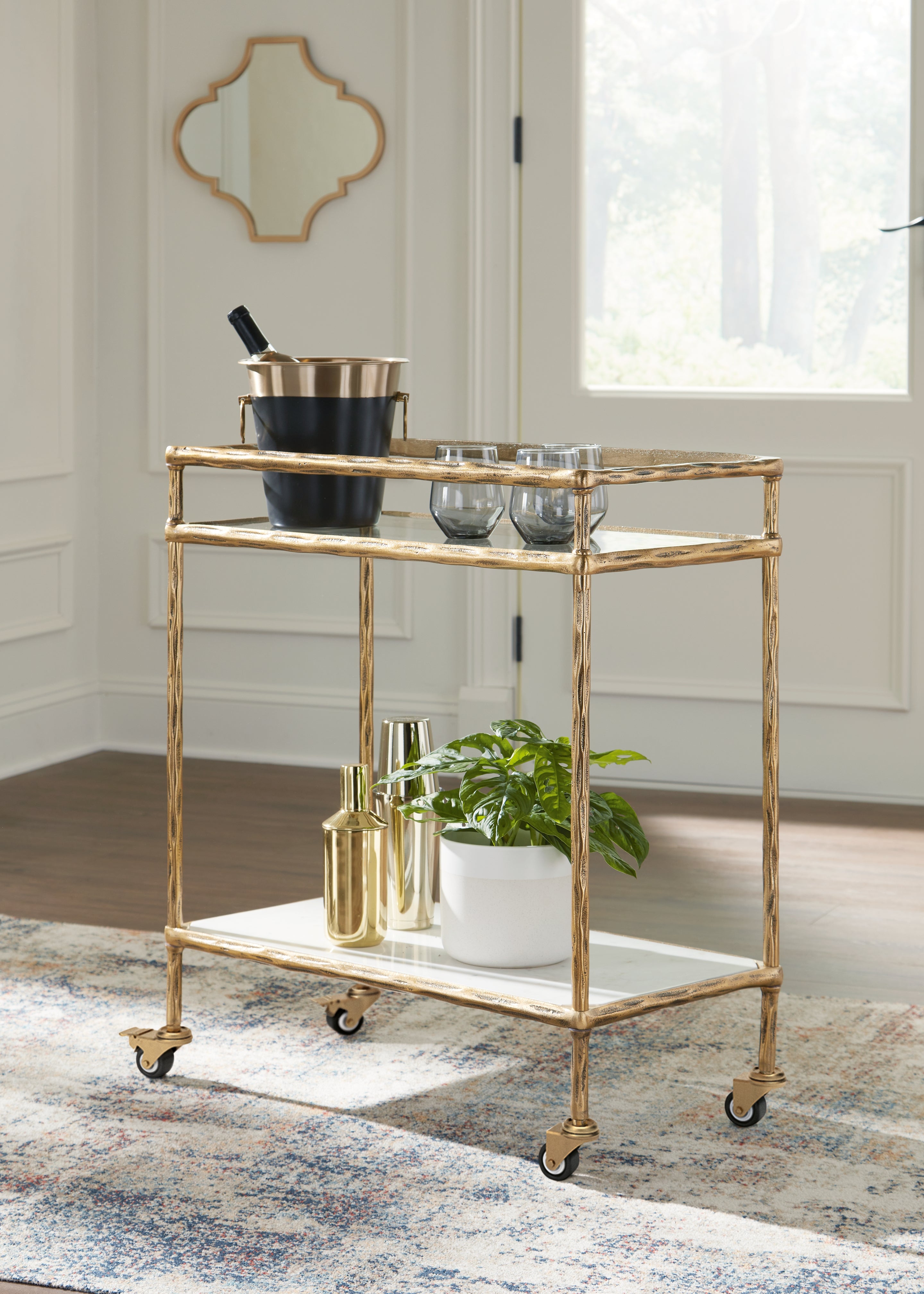 Luxury Living Gallery - Ashley Furniture - Plattfield Bar Cart - Bar Cart / Antique Gold Finish - A4000625