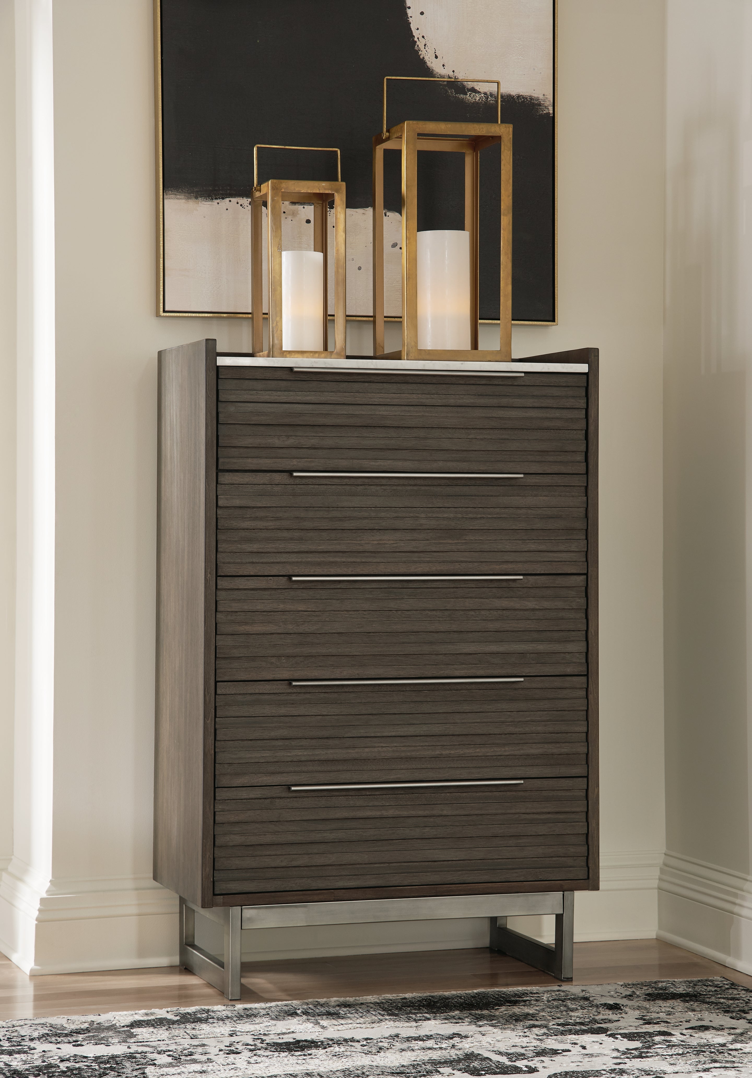 Luxury Living Gallery - Ashley Furniture - Arkenton Bedroom - Five Drawer Chest / Grayish Brown/White - B786-46