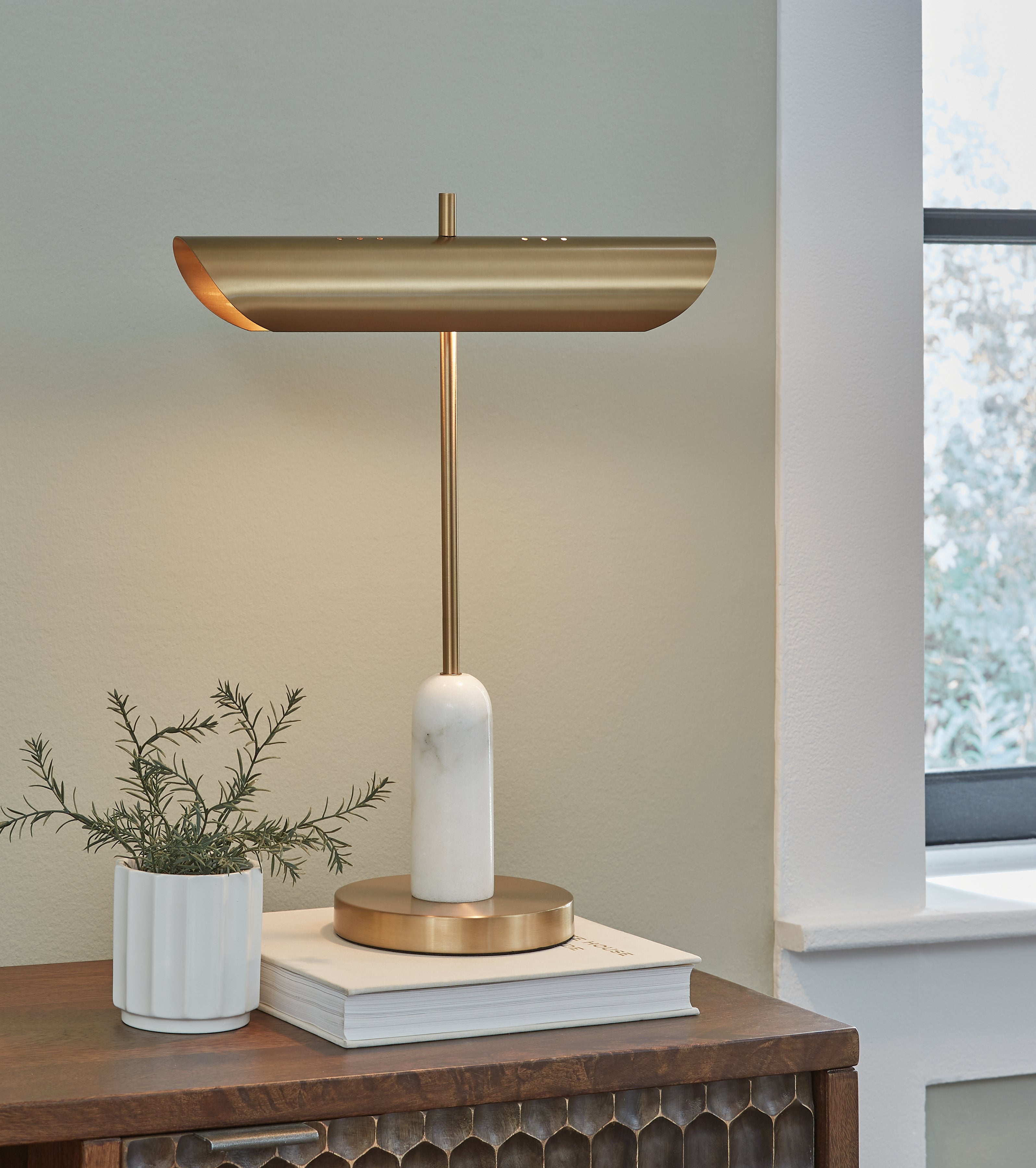 Luxury Living Gallery - Ashley Furniture - Rowleigh Lighting - Marble Desk Lamp (1/CN) / Gold Finish/White - L734392