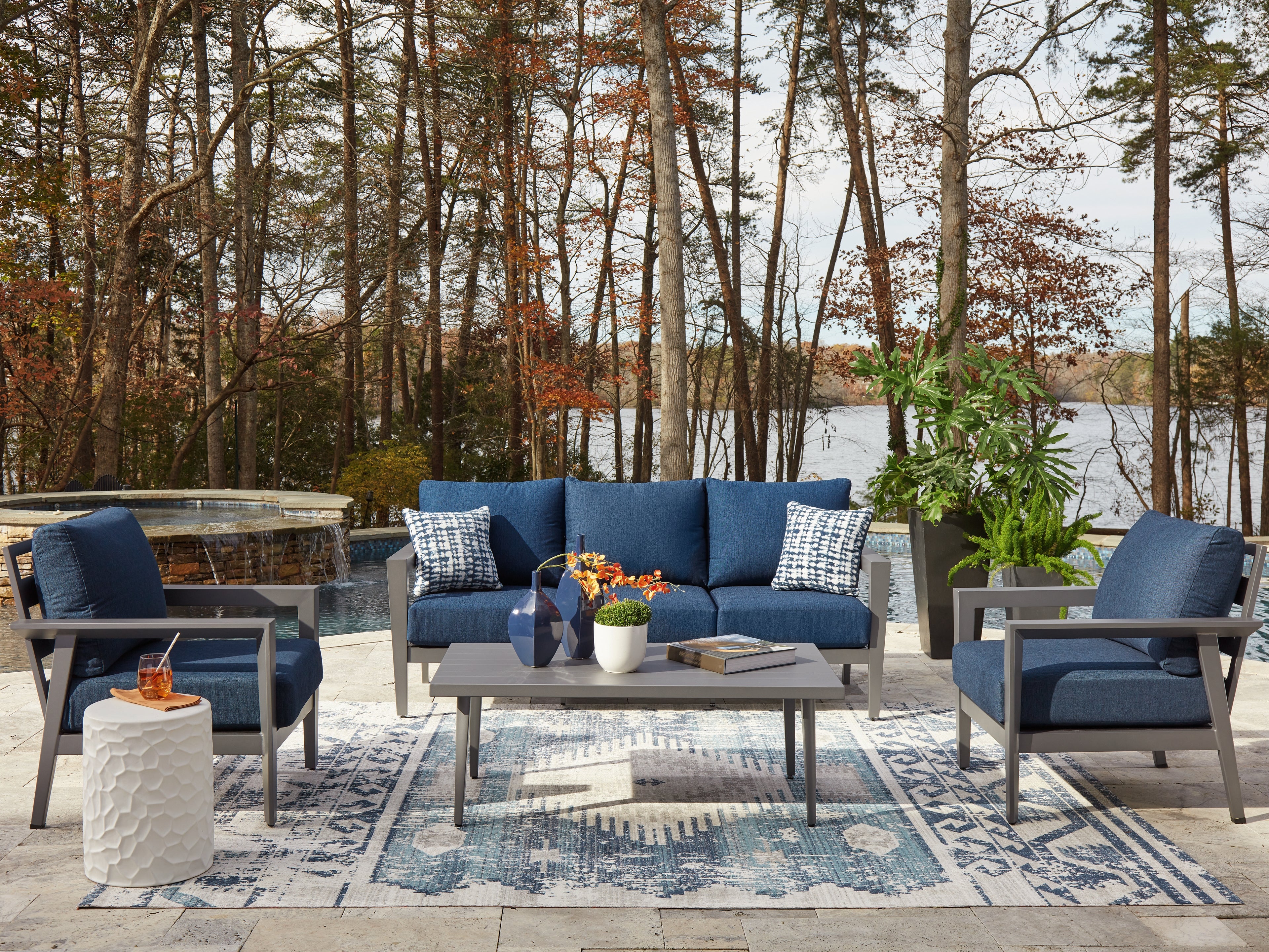 Luxury Living Gallery - Ashley Furniture - Gali Outdoor - Sofa/Chairs/Table Set (4/CN) / Gray/Blue - P275-081