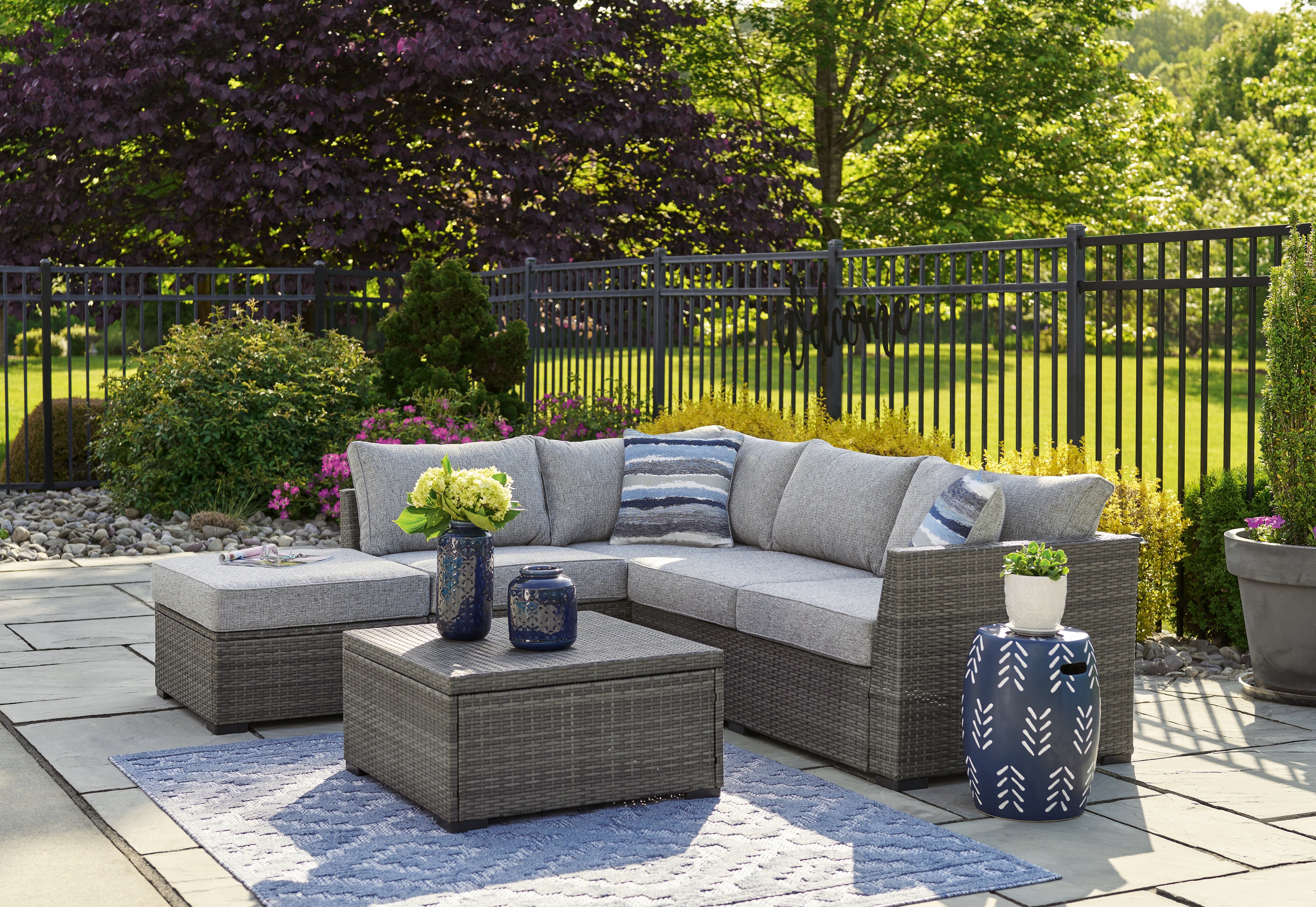 Luxury Living Gallery - Ashley Furniture - Petal Road Outdoor - LoveseatSEC/OTTO/TBL Set(4/CN) / Gray - P297-070