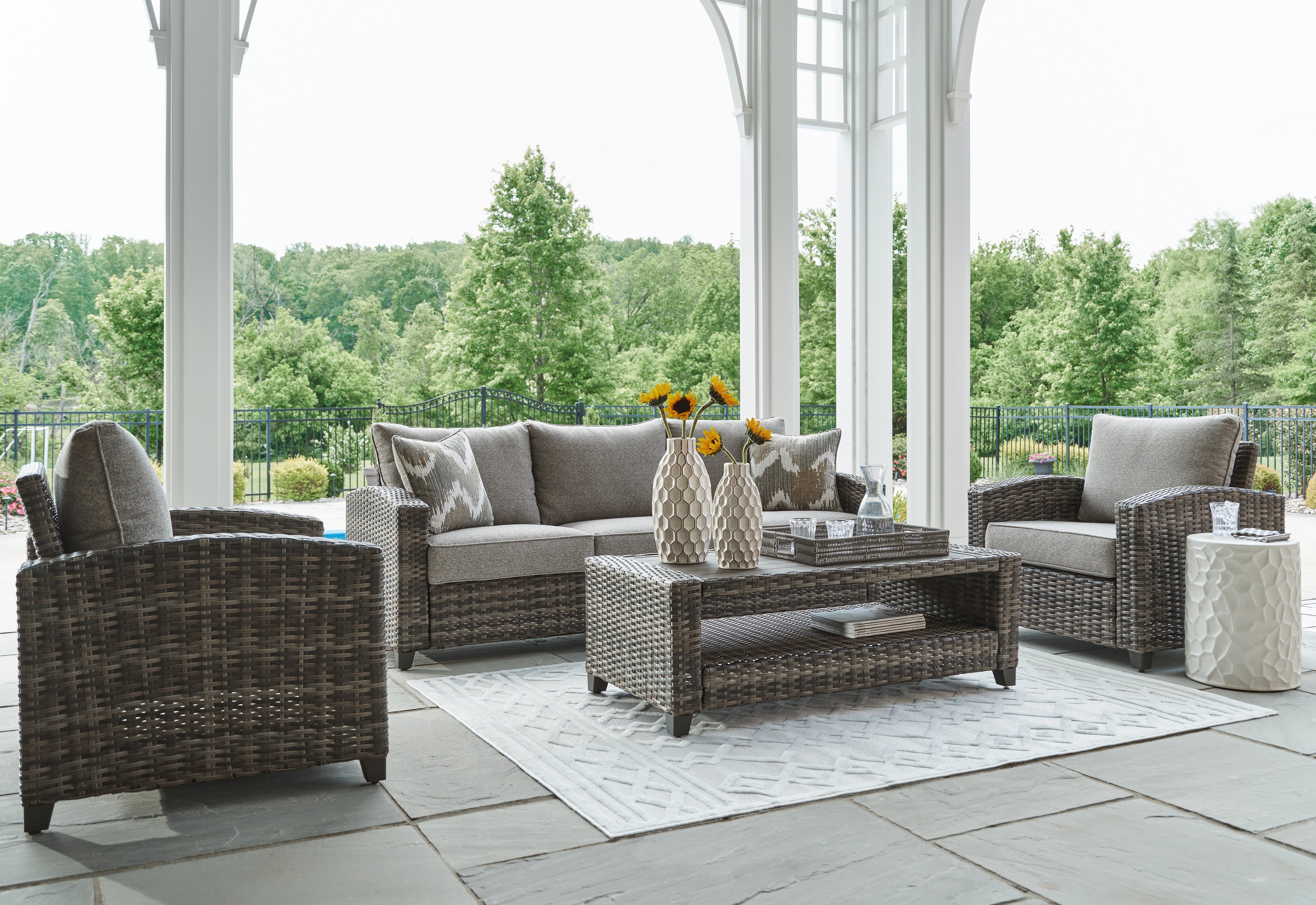 Luxury Living Gallery - Ashley Furniture - Oasis Court Outdoor - Sofa/Chairs/Table Set (4/CN) / Gray - P335-081