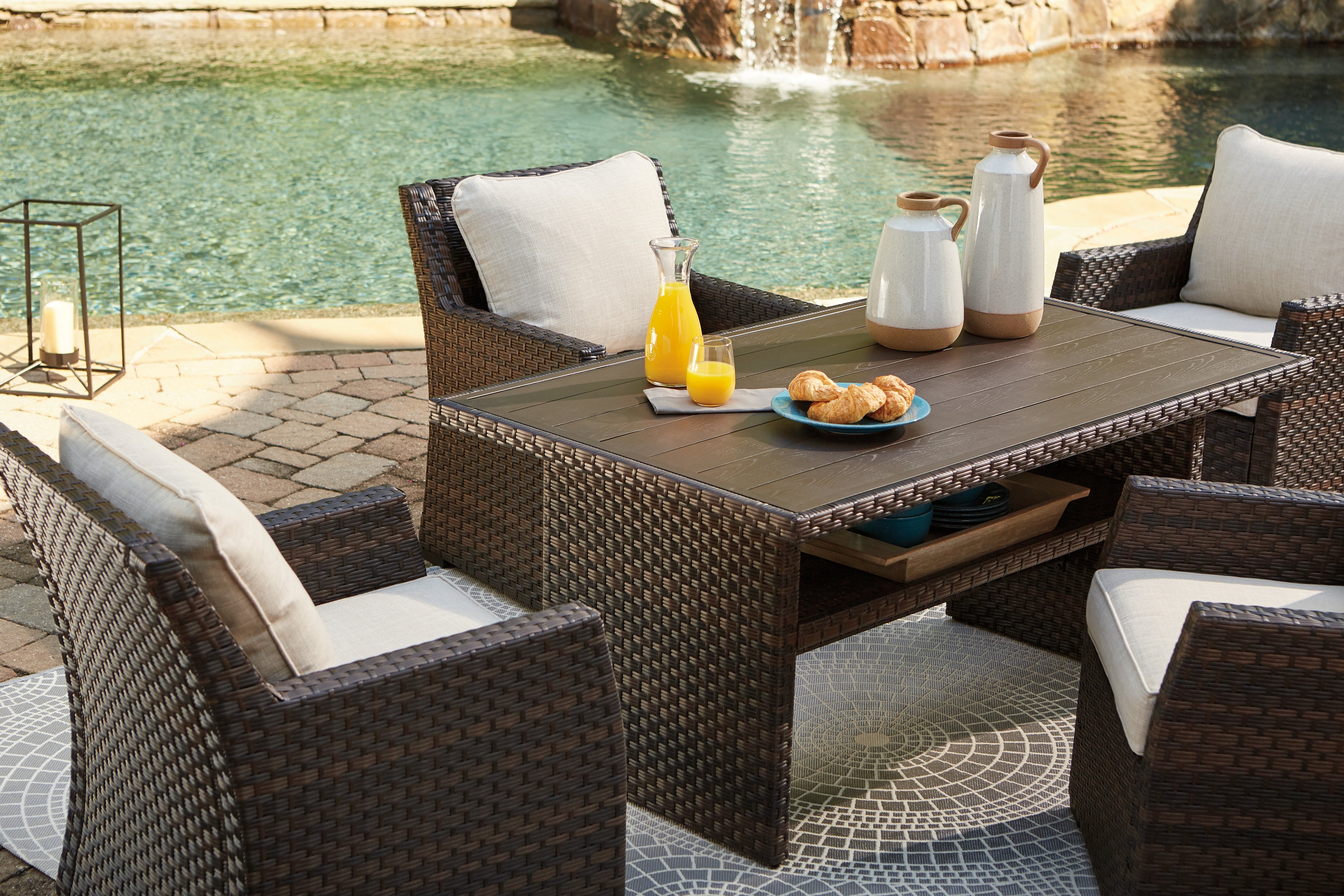 Luxury Living Gallery - Ashley Furniture - Easy Isle Outdoor - RECT Multi-Use Table / Dark Brown/Beige - P455-625