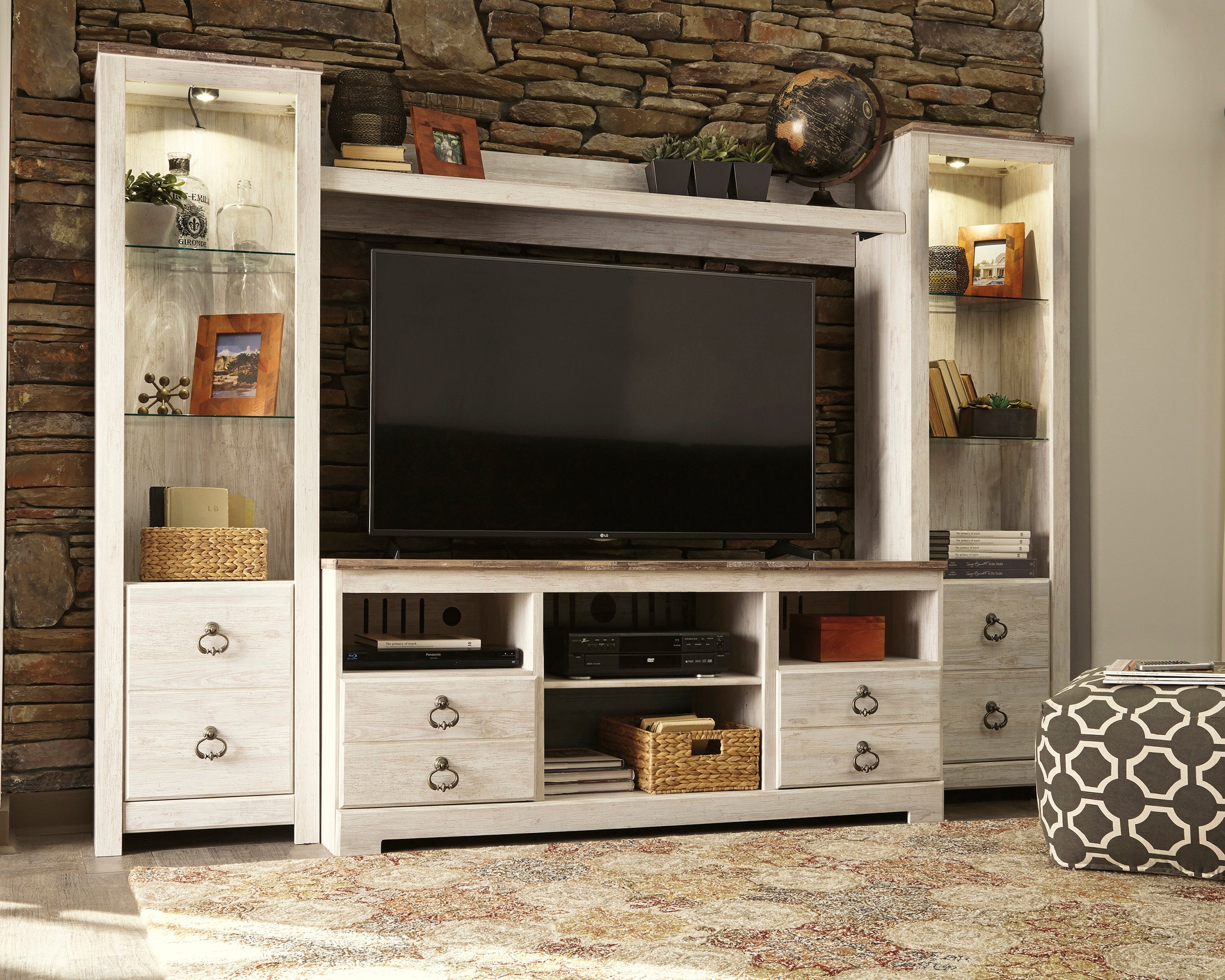 Luxury Living Gallery - Ashley Furniture - Willowton Entertainment Center - 4-Piece Entertainment Center / Whitewash - W267W3