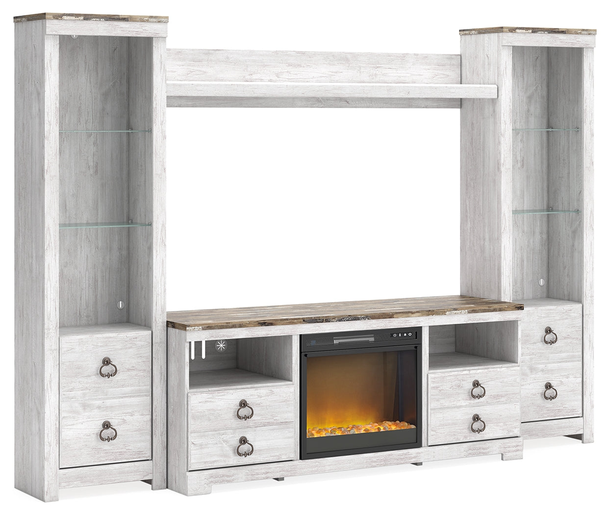 Luxury Living Gallery - Ashley Furniture - Willowton 4-Piece Entertainment Center with Electric Fireplace - 4-Piece Entertainment Center with Electric Fireplace / Whitewash - W267W4