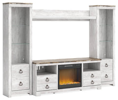 Luxury Living Gallery - Ashley Furniture - Willowton 4-Piece Entertainment Center with Electric Fireplace - 4-Piece Entertainment Center with Electric Fireplace / Whitewash - W267W4