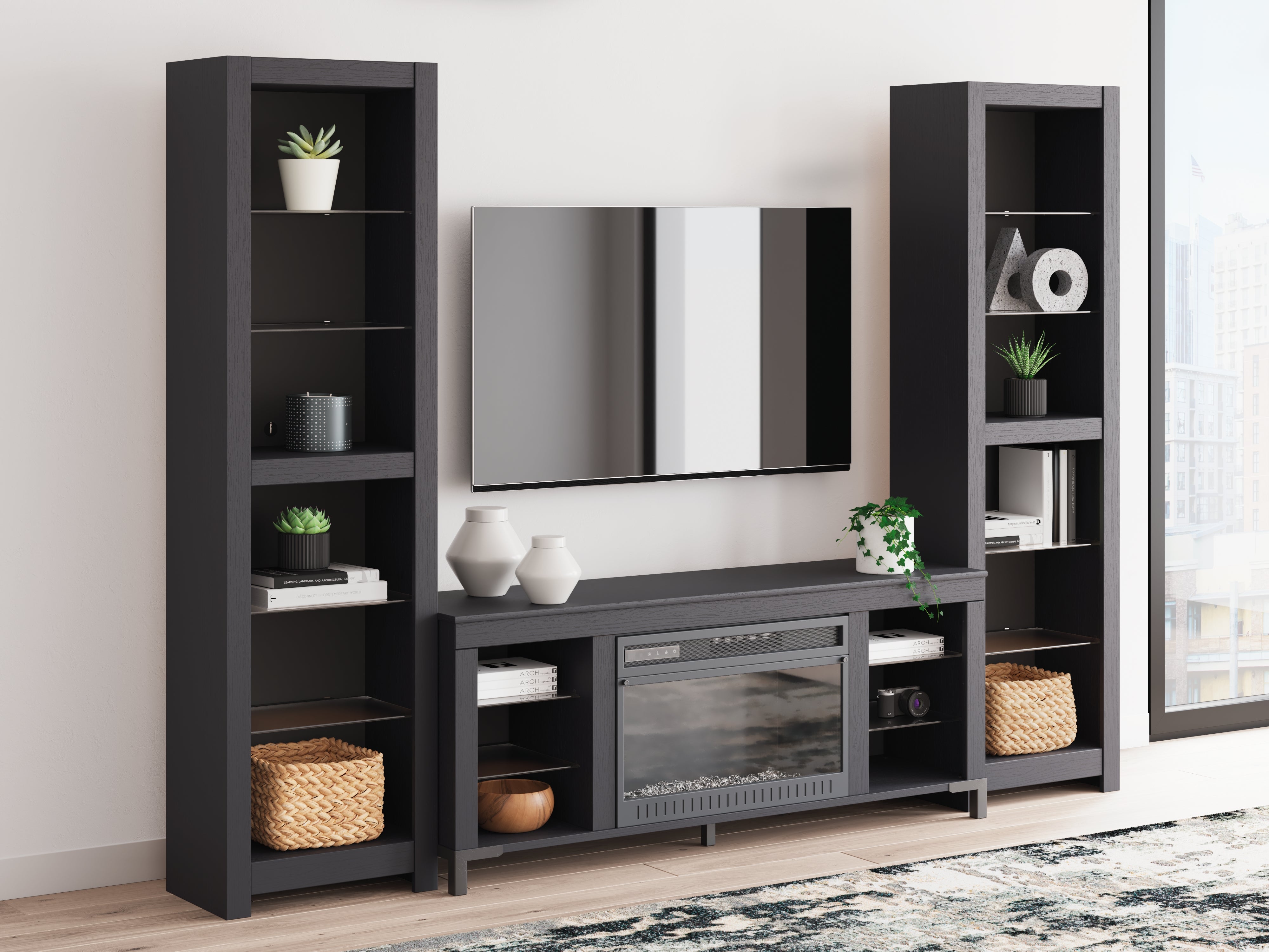 Luxury Living Gallery - Ashley Furniture - Cayberry 3-Piece Entertainment Center with Electric Fireplace - 3-Piece Entertainment Center with Electric Fireplace / Black - W2721W2