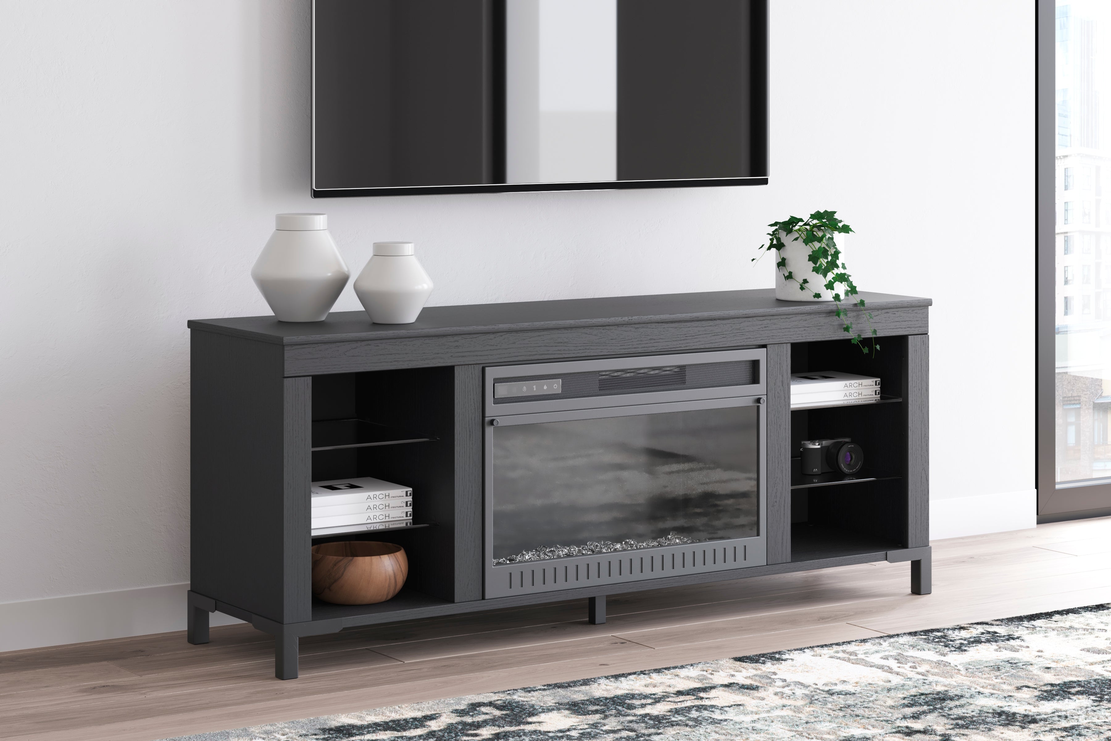 Luxury Living Gallery - Ashley Furniture - Cayberry TV Stand - 60" with Electric Fireplace / Black - W2721-168