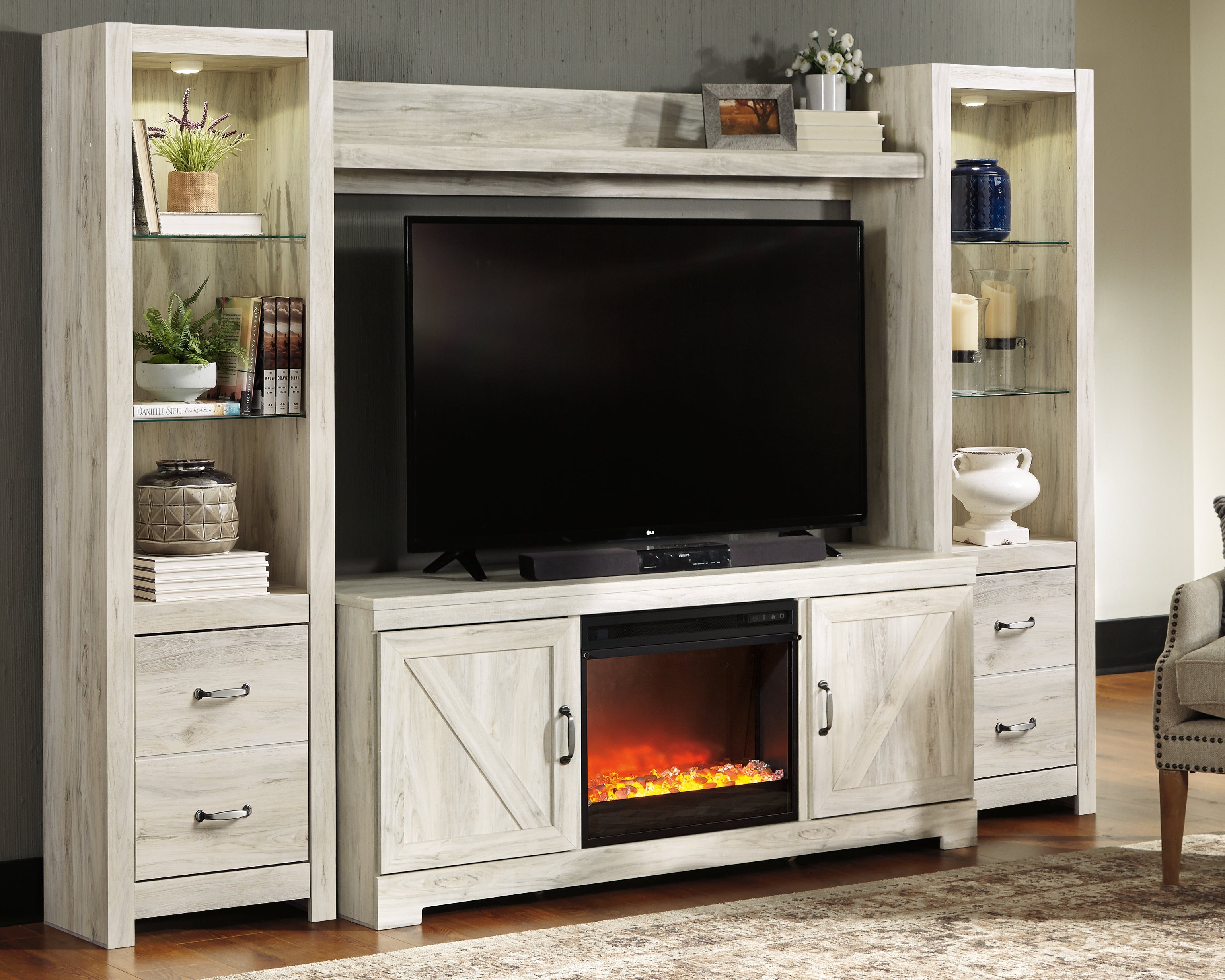 Luxury Living Gallery - Ashley Furniture - Bellaby 4-Piece Entertainment Center with Fireplace - 4-Piece Entertainment Center with Fireplace / Whitewash - W331W5