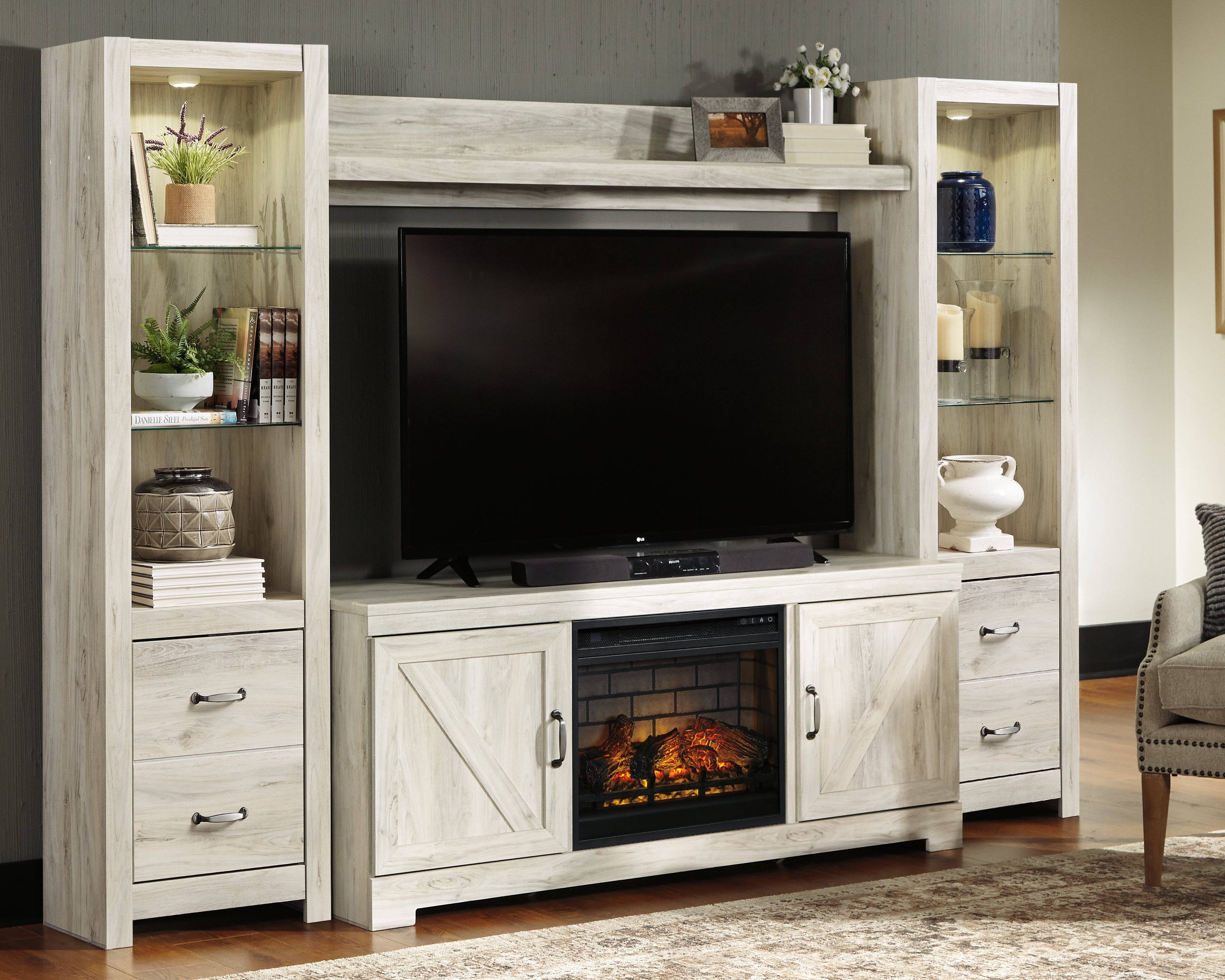 Luxury Living Gallery - Ashley Furniture - Bellaby 4-Piece Entertainment Center with Electric Fireplace - 4-Piece Entertainment Center with Electric Fireplace / Whitewash - W331W8