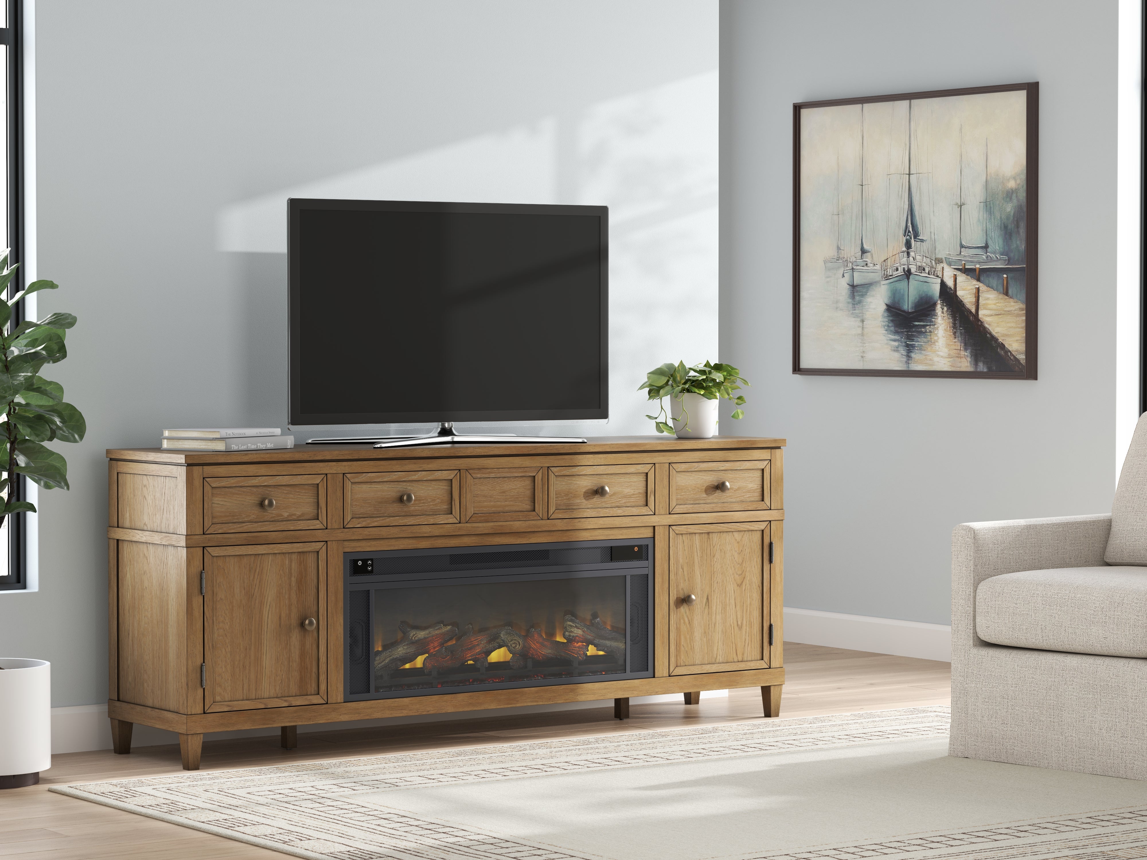 Luxury Living Gallery - Ashley Furniture - Sharlance 81" TV Stand with Electric Fireplace - 81" TV Stand with Electric Fireplace / Light Brown - W655W1