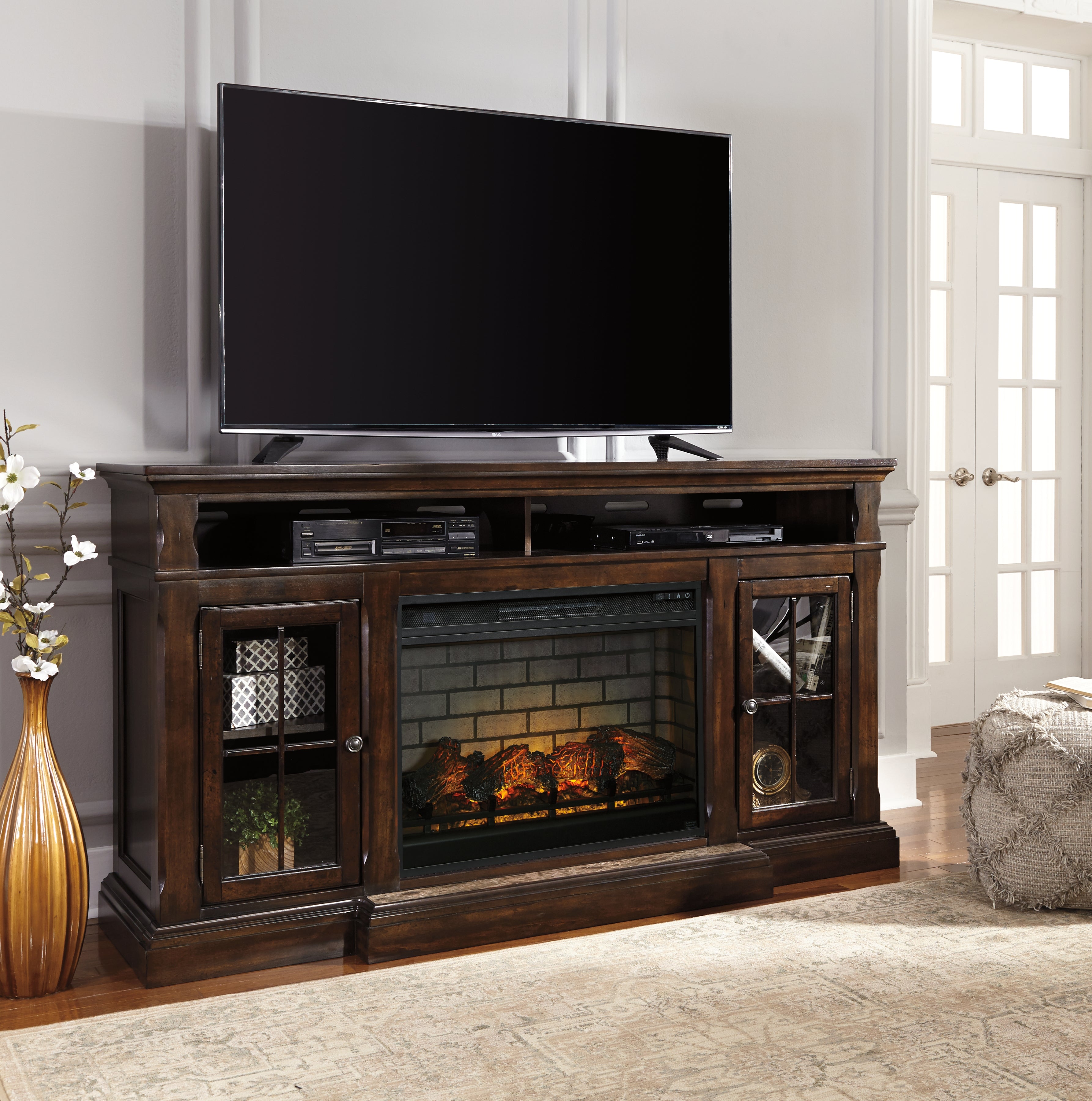Luxury Living Gallery - Ashley Furniture - Roddinton 72" TV Stand with Electric Fireplace - 72" TV Stand with Electric Fireplace / Dark Brown - W701W8