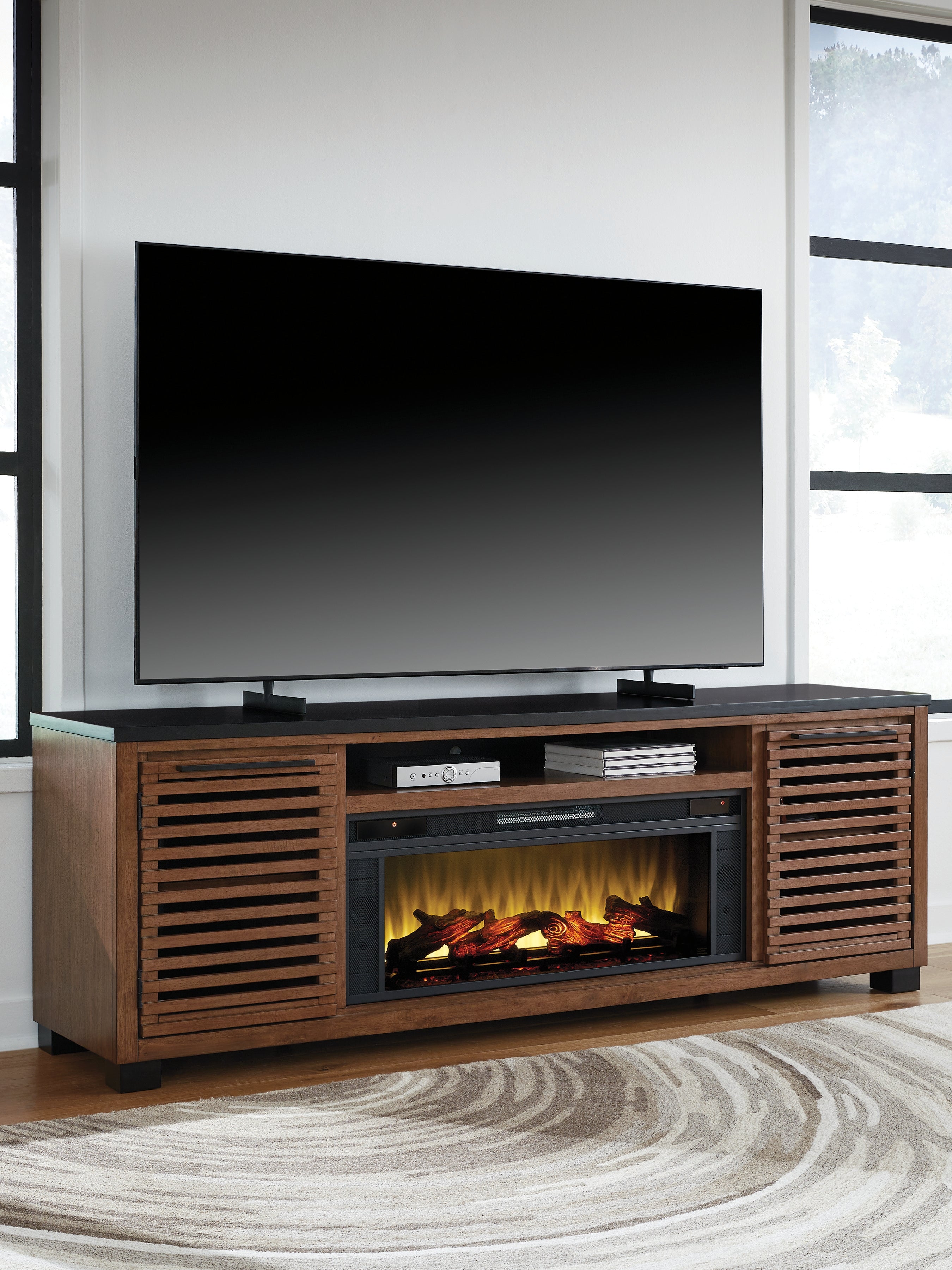 Luxury Living Gallery - Ashley Furniture - Kallari 84" TV Stand with Electric Fireplace - 84" TV Stand with Electric Fireplace / Warm Brown/Black - W737W1