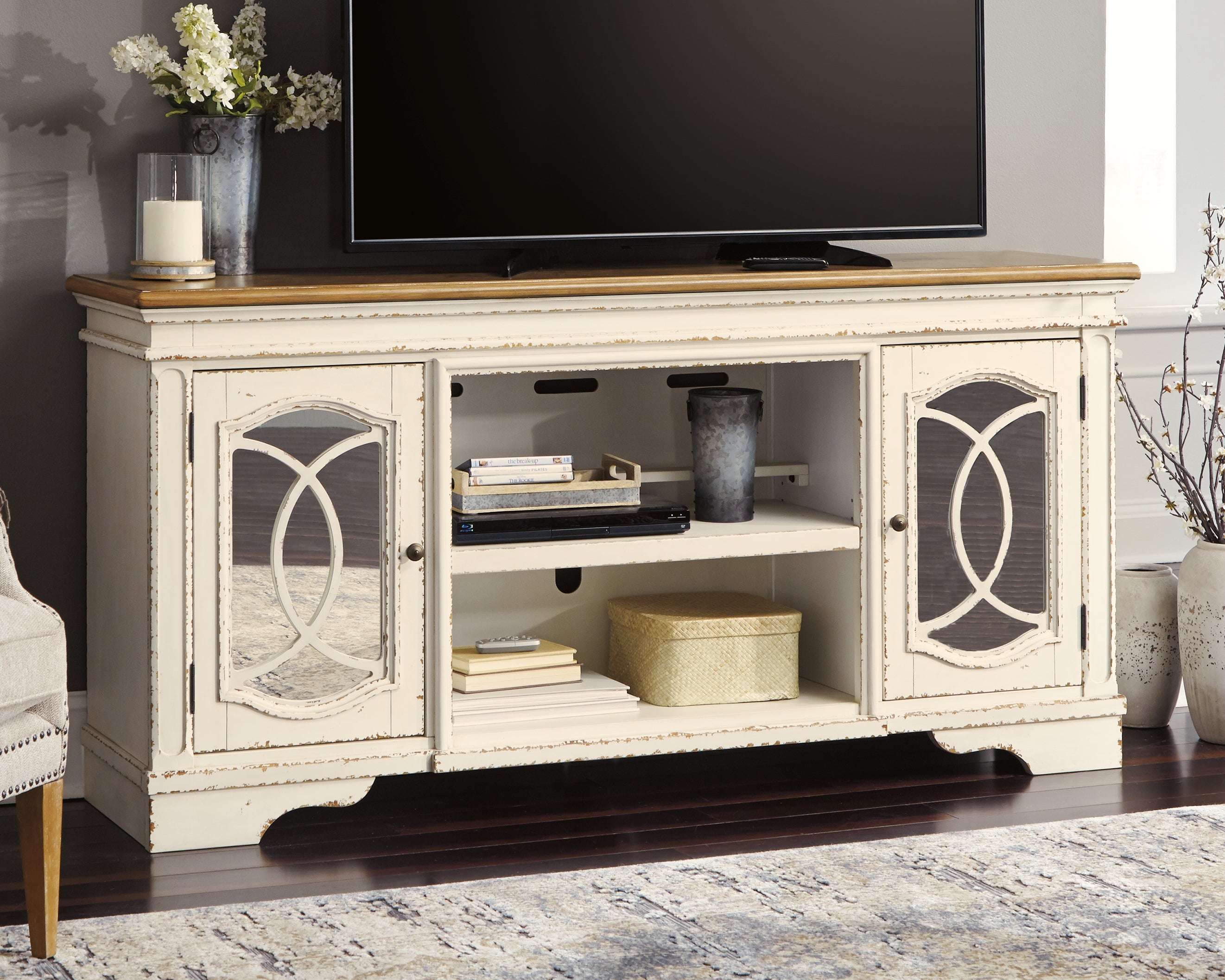 Luxury Living Gallery - Ashley Furniture - Realyn 74" TV Stand - 74" / Chipped White - W743-68