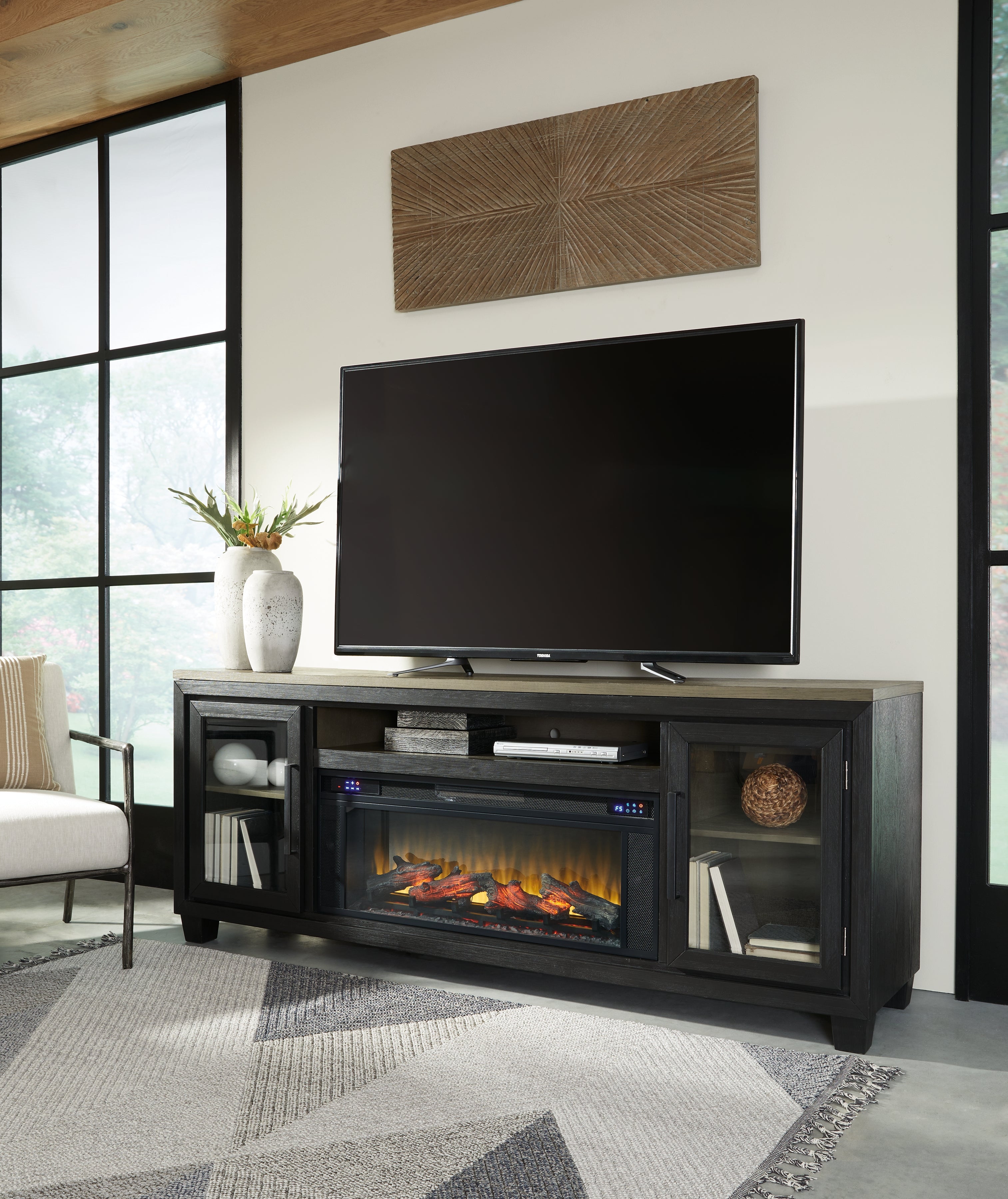 Luxury Living Gallery - Ashley Furniture - Foyland 83" TV Stand with Electric Fireplace - 83" TV Stand with Electric Fireplace / Black/Brown - W989W1