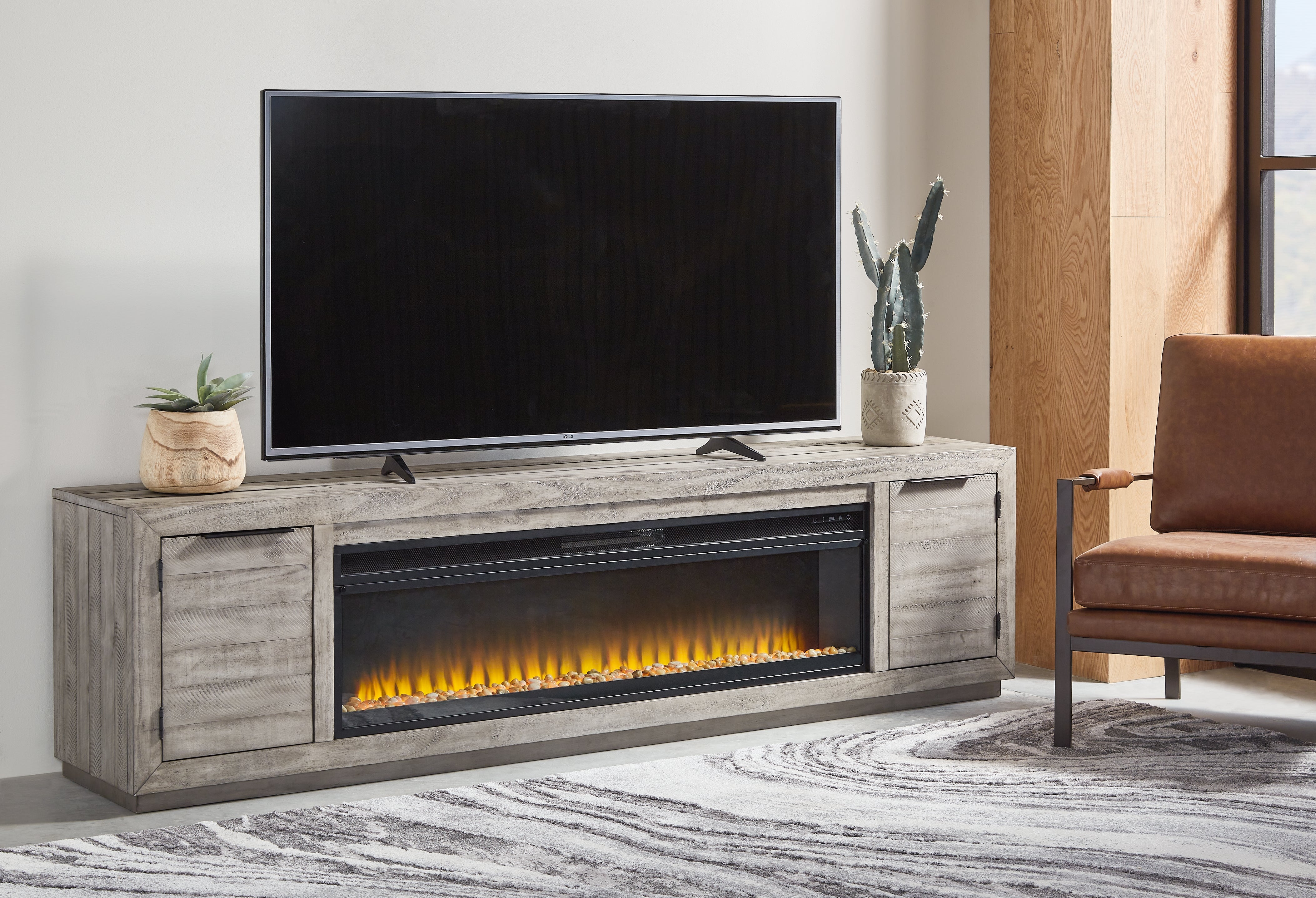 Luxury Living Gallery - Ashley Furniture - Naydell 92" TV Stand with Electric Fireplace - 92" TV Stand with Electric Fireplace / Gray - W996W1