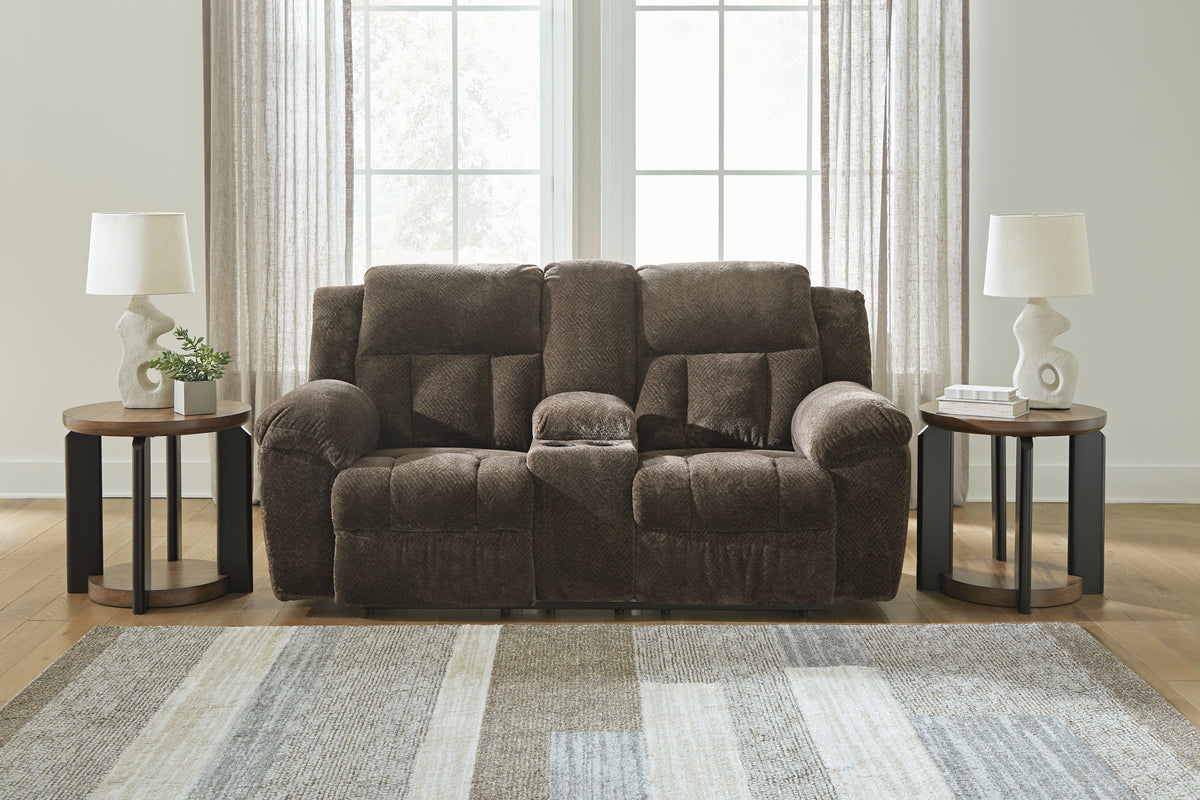 Luxury Living Gallery - Ashley Furniture - Frohn Living Room - DBL Rec Loveseat w/Console / Chocolate - 3740794