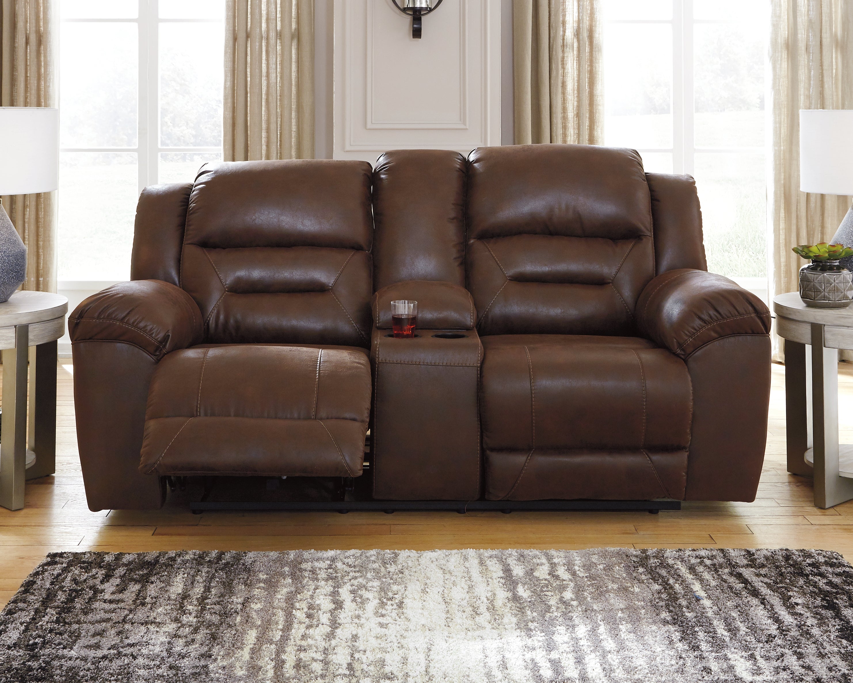 Luxury Living Gallery - Ashley Furniture - Stoneland Living Room - DBL Rec Loveseat w/Console / Chocolate - 3990494