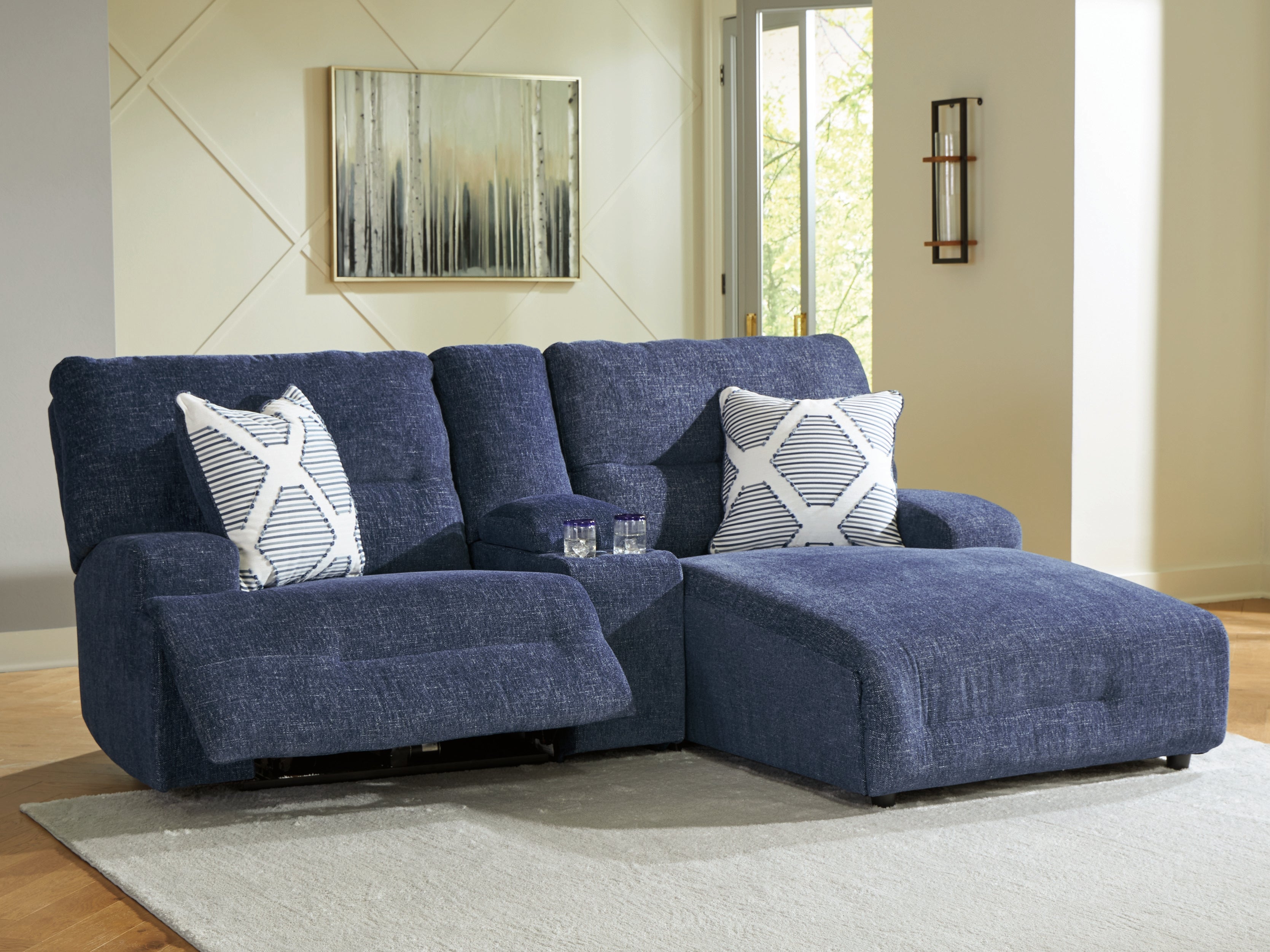 Luxury Living Gallery - Ashley Furniture - Acklen Place Sectional - 3-Piece Power Reclining Sectional Sofa with Chaise / Navy - 93607S4