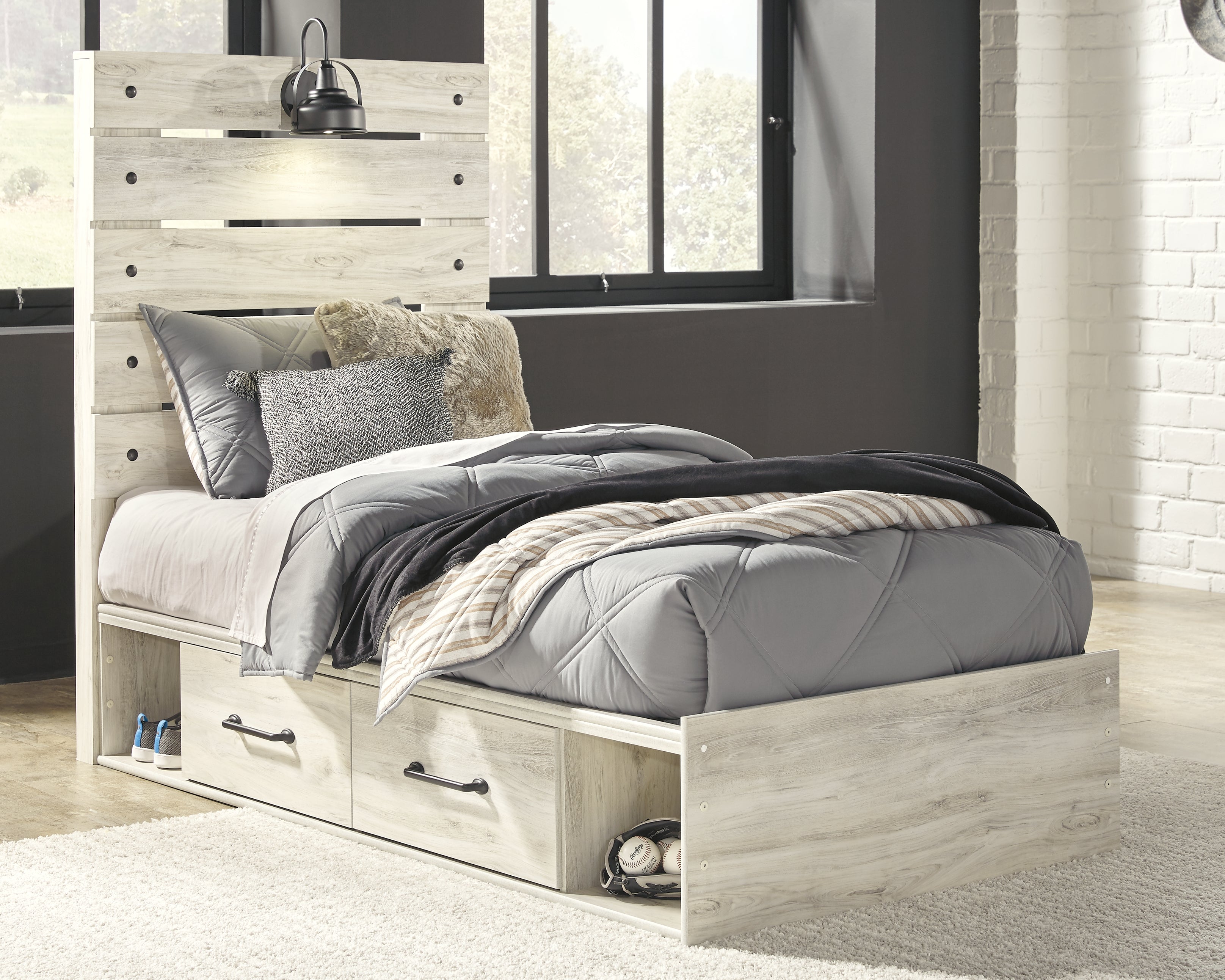 Luxury Living Gallery - Ashley Furniture - Cambeck Bedroom - Twin Panel Bed with 4 Storage Drawers / Whitewash - B192B21