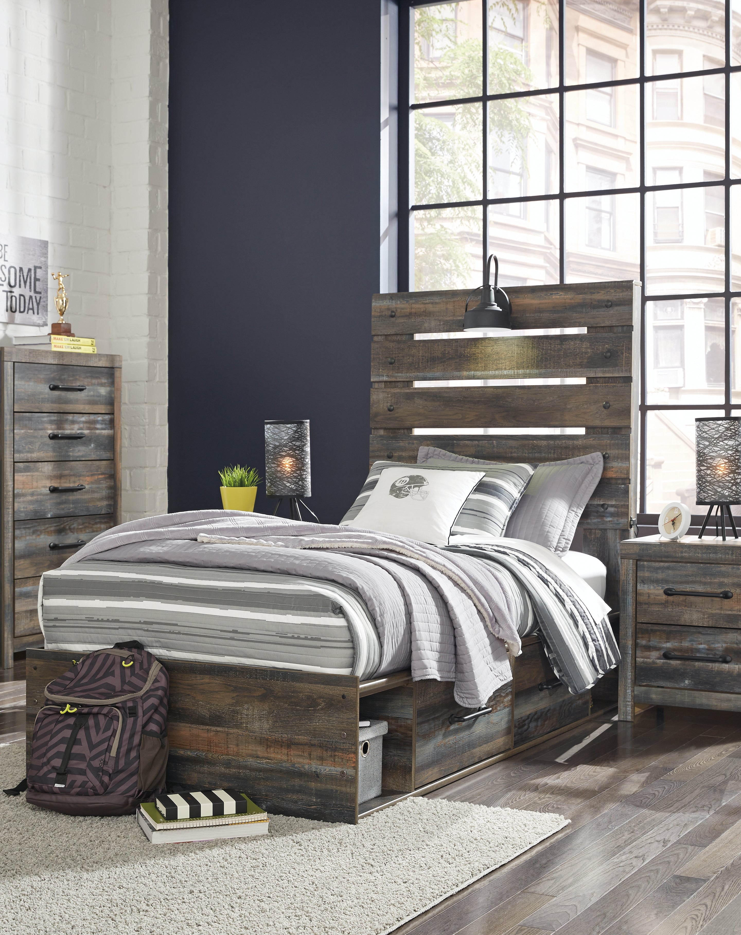 Luxury Living Gallery - Ashley Furniture - Drystan Bedroom - Twin Panel Bed with 2 Storage Drawers / Multi - B211B8