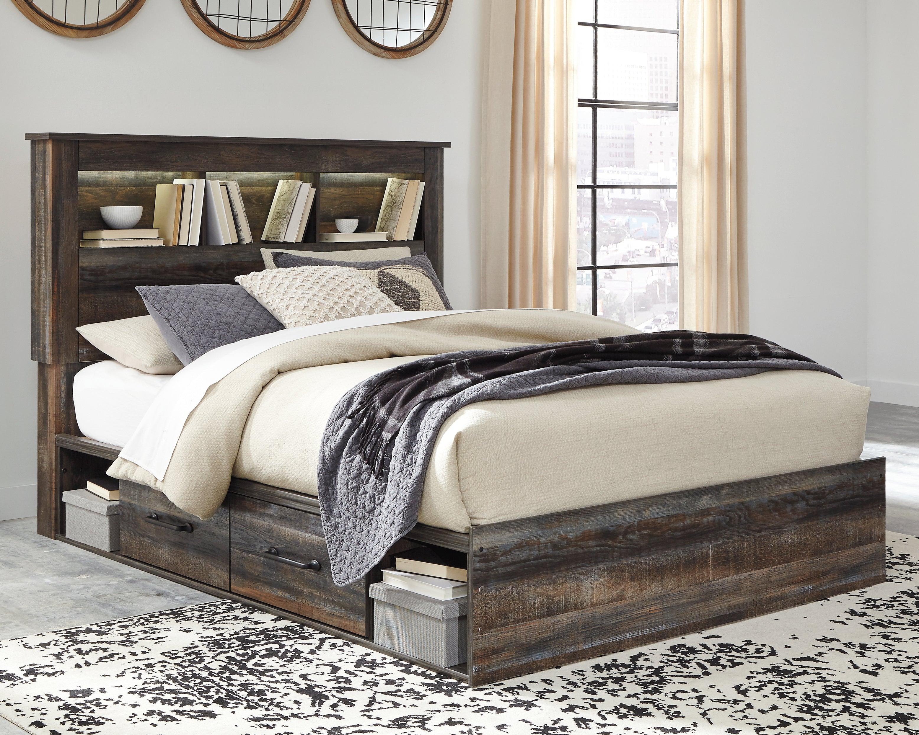 Luxury Living Gallery - Ashley Furniture - Drystan Bedroom - Queen Bookcase Bed with 4 Storage Drawers / Multi - B211B18