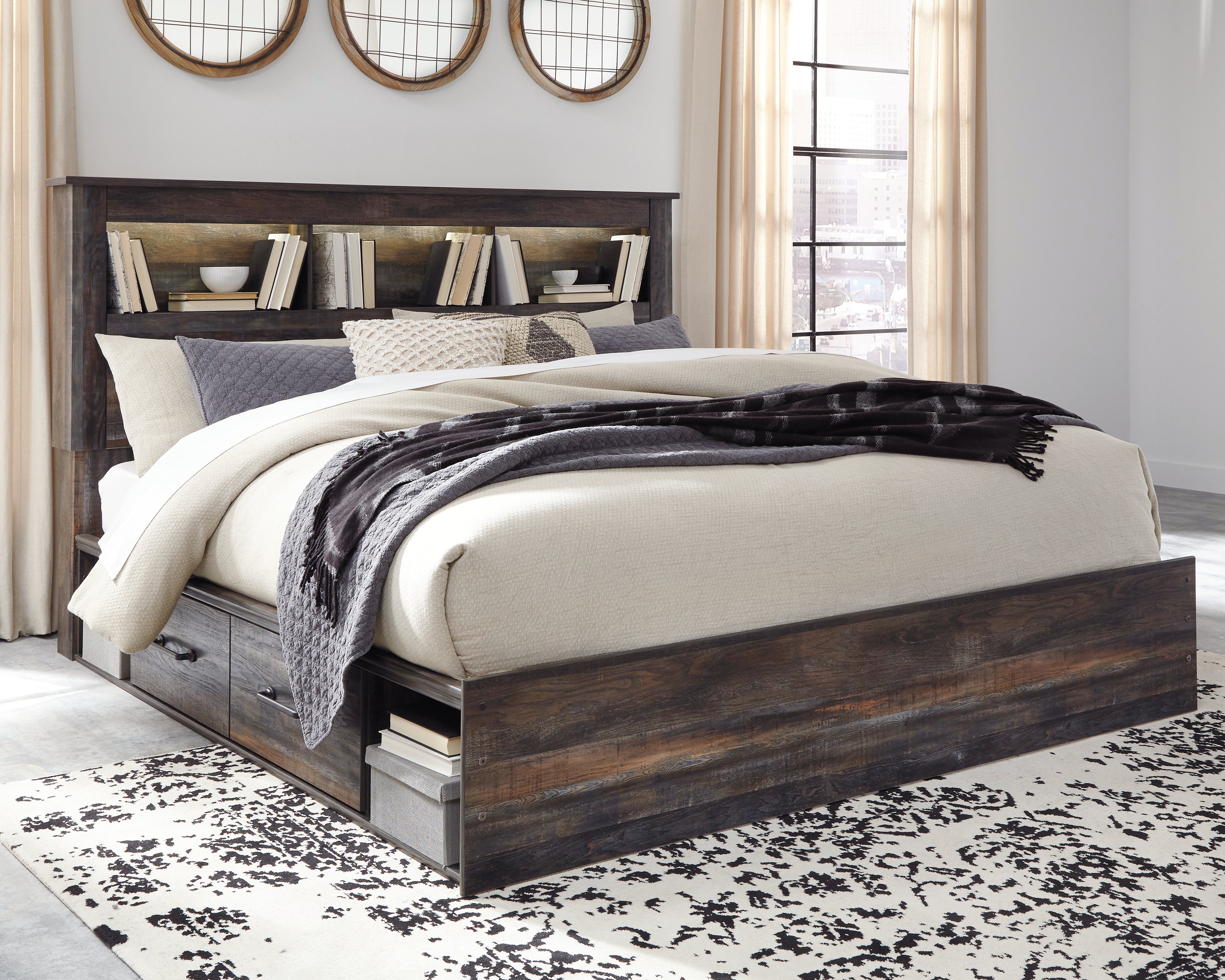 Luxury Living Gallery - Ashley Furniture - Drystan Bedroom - King Bookcase Bed with 4 Storage Drawers / Multi - B211B52