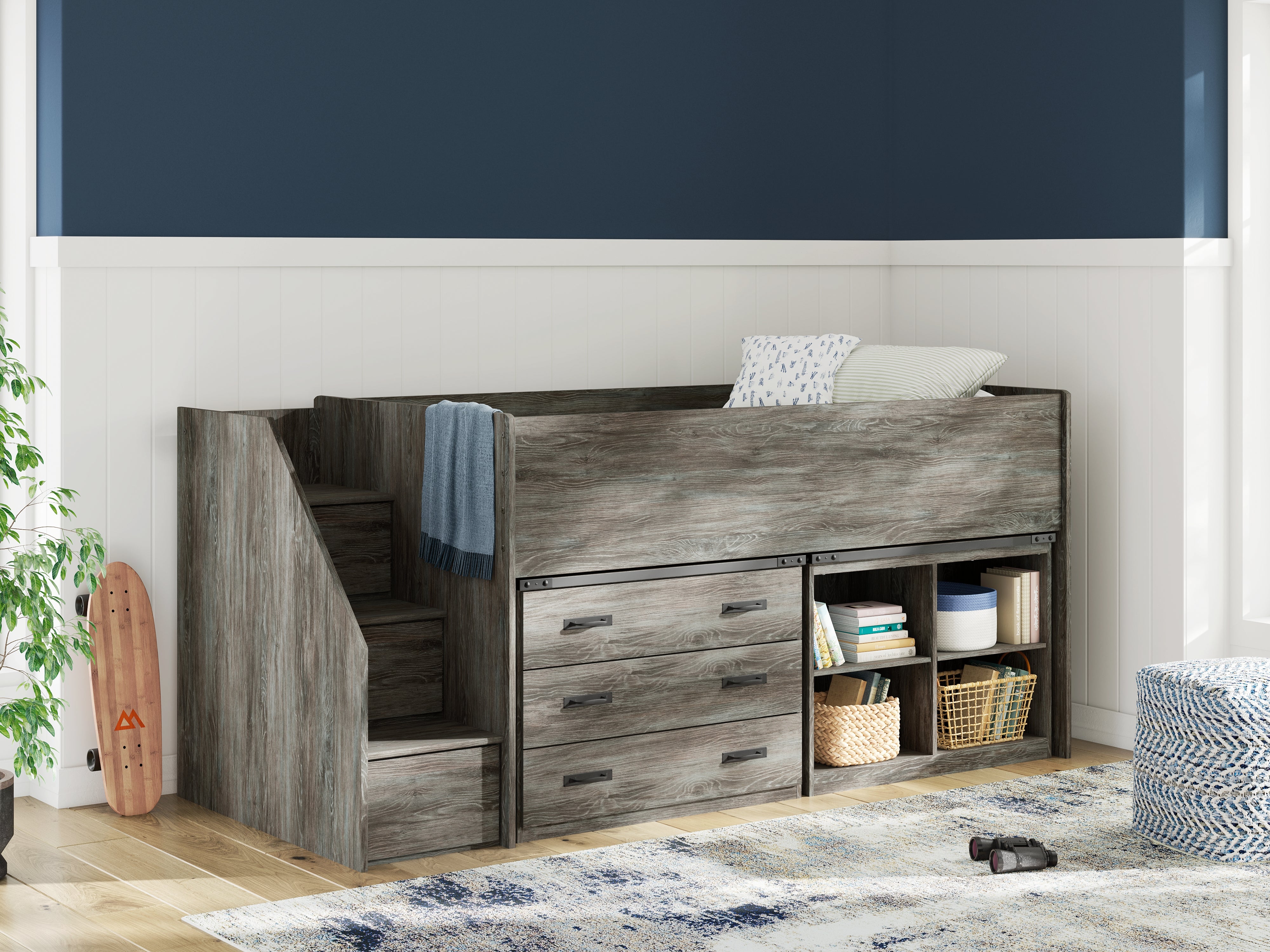 Luxury Living Gallery - Ashley Furniture - Frandern Bedroom - Twin Loft  Bed with Bookcase and Drawer Storage / Gray - B4480B16