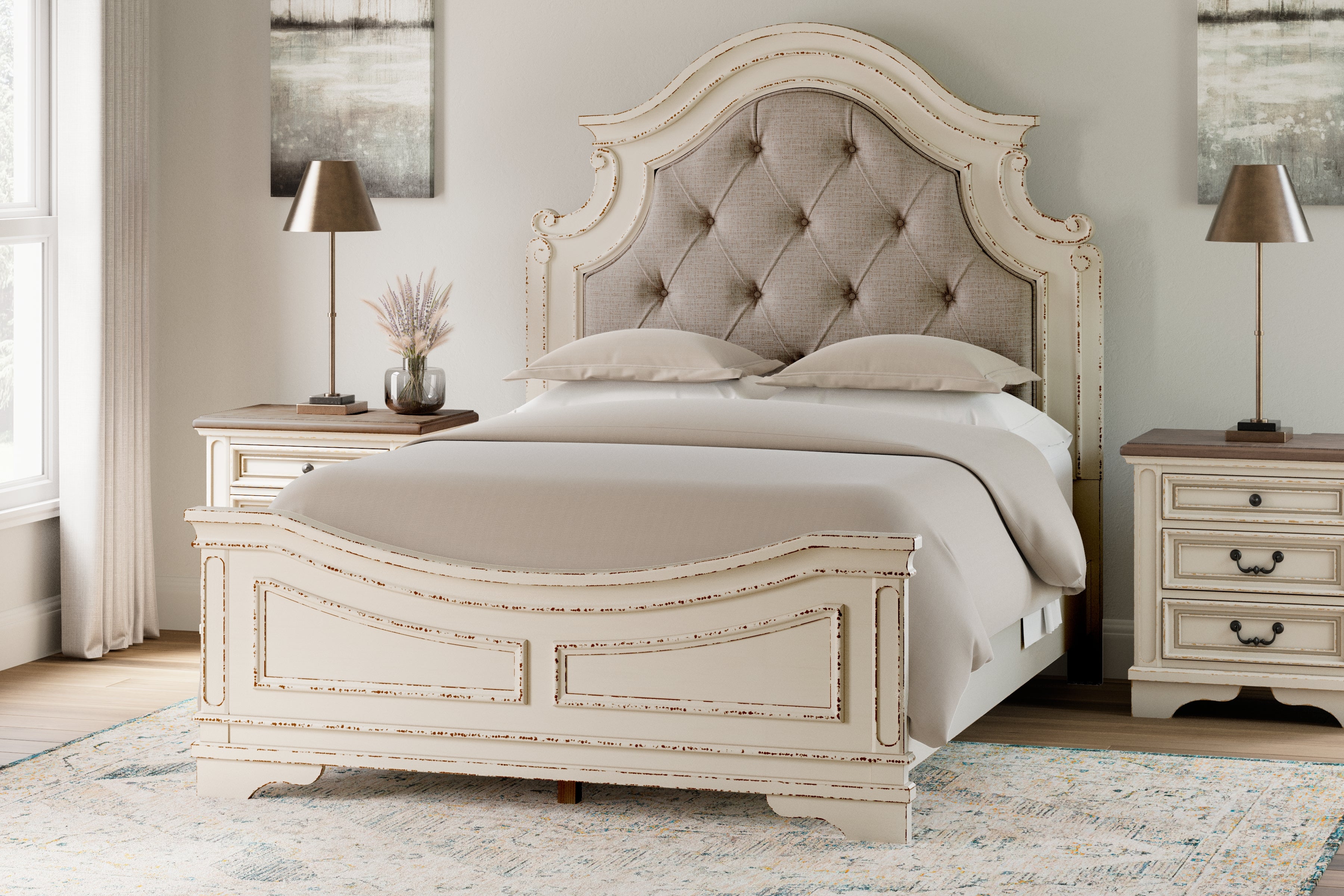 Luxury Living Gallery - Ashley Furniture - Realyn Bedroom - Queen Upholstered Panel Bed / Chipped White - B743B2