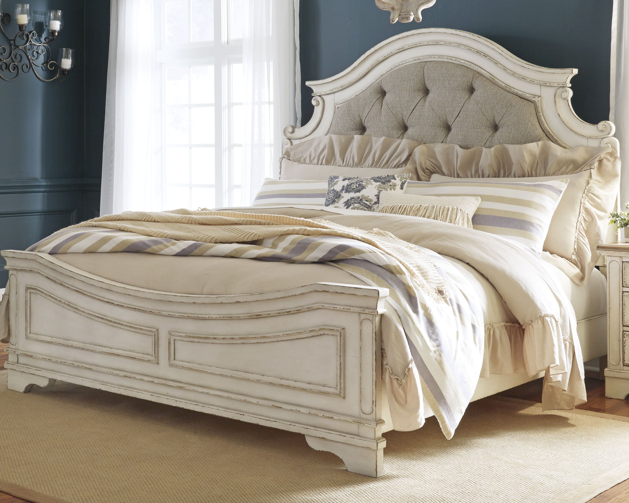 Luxury Living Gallery - Ashley Furniture - Realyn Bedroom - King Upholstered Panel Bed / Chipped White - B743B6