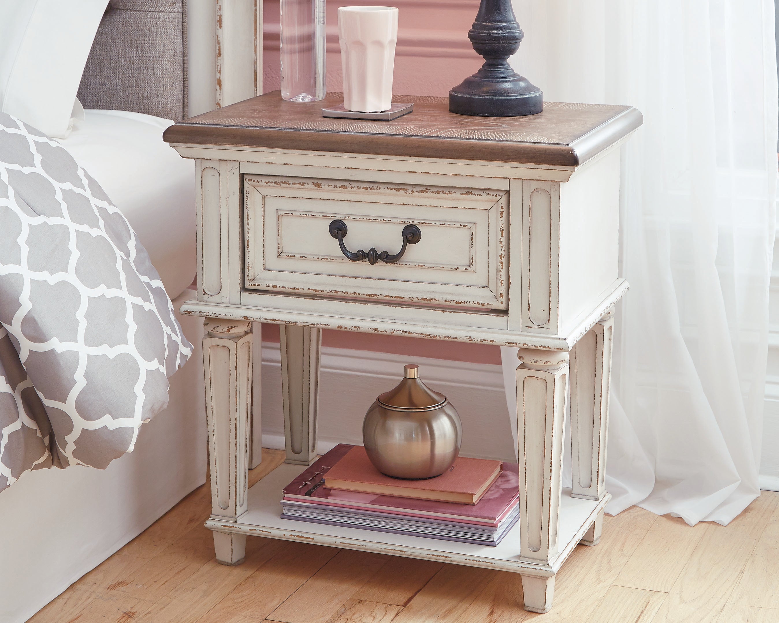 Luxury Living Gallery - Ashley Furniture - Realyn Bedroom - One Drawer Night Stand / Chipped White - B743-91