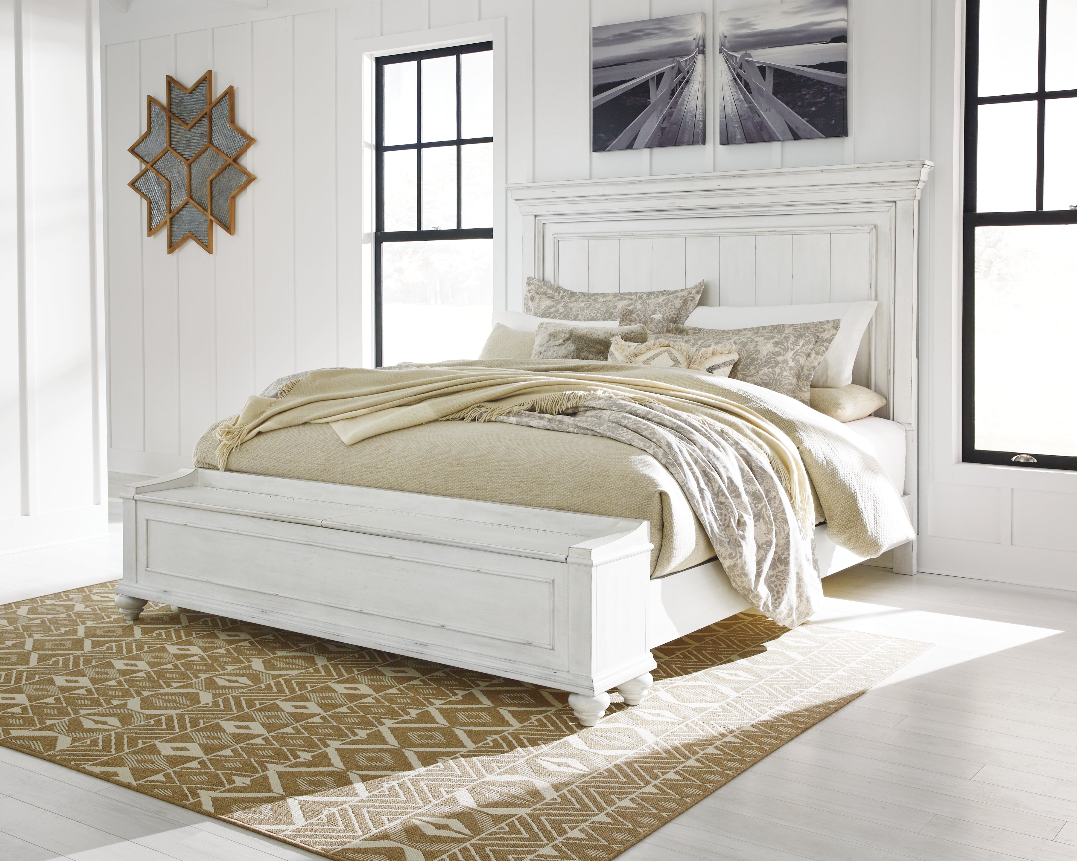 Luxury Living Gallery - Ashley Furniture - Kanwyn Bedroom - California King Panel Bed with Storage Bench / Whitewash - B777B12