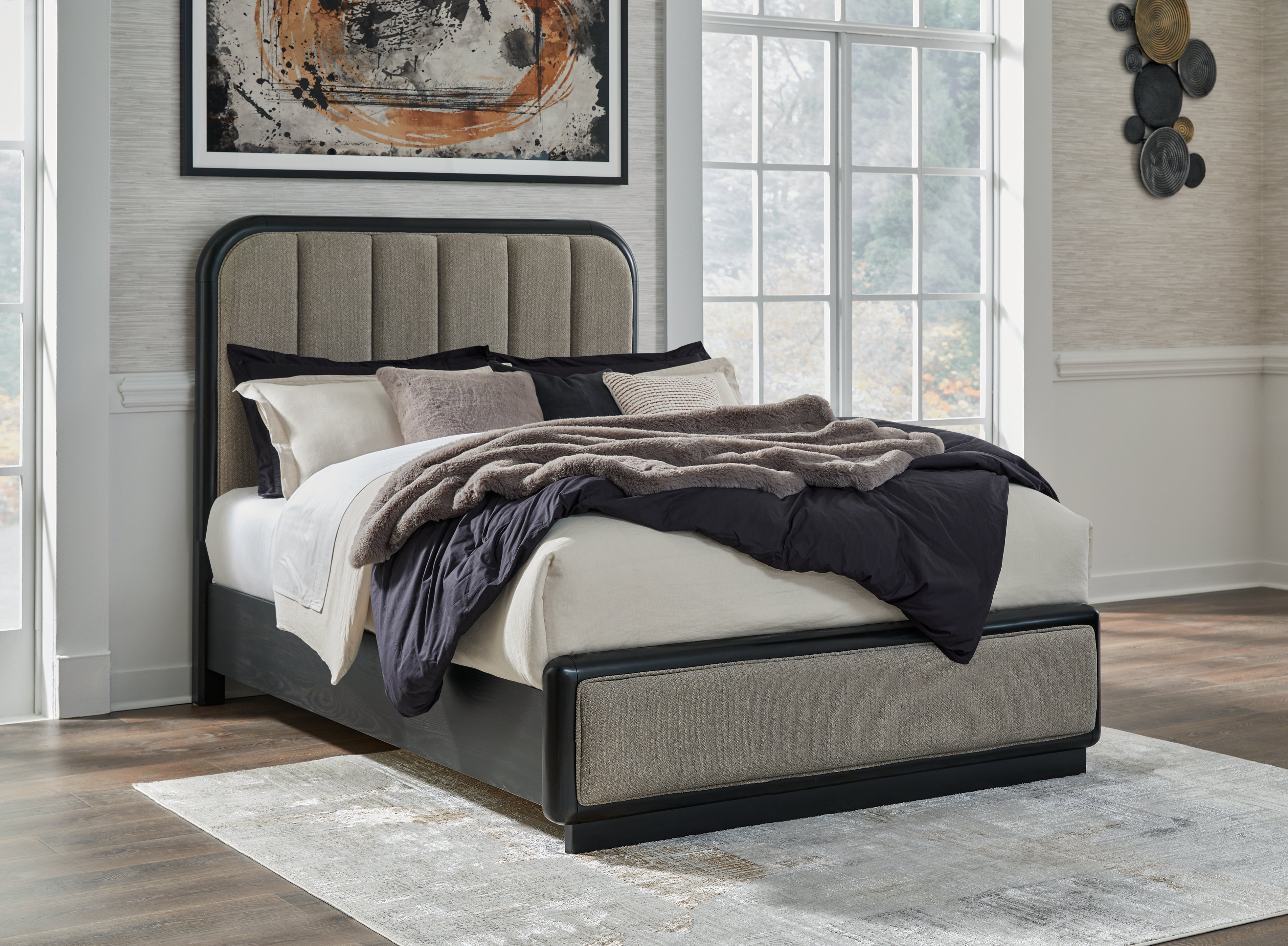 Luxury Living Gallery - Ashley Furniture - Rowanbeck Bedroom - Queen Upholstered Panel Bed / Gray/Black - B821B2