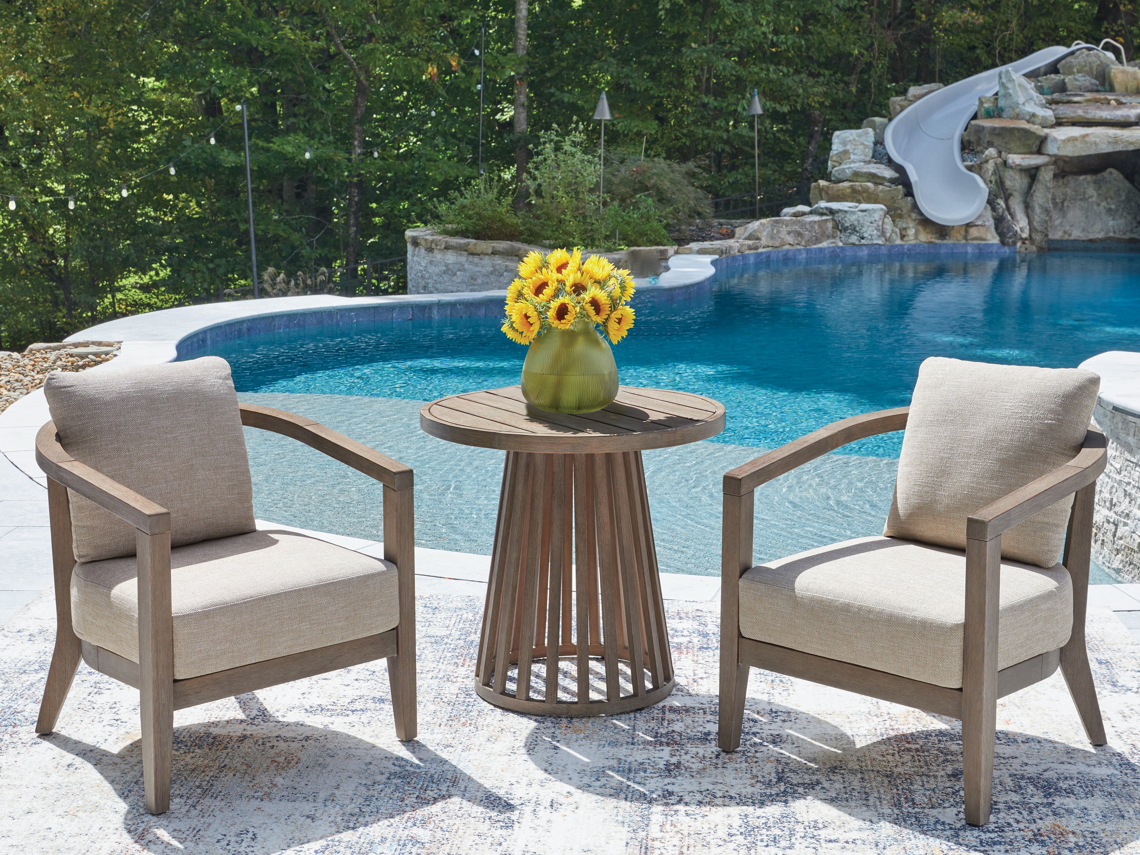 Luxury Living Gallery - Ashley Furniture - Joy Lagoon Outdoor - Chairs w/CUSH/Table Set (3/CN) - PCP310-050