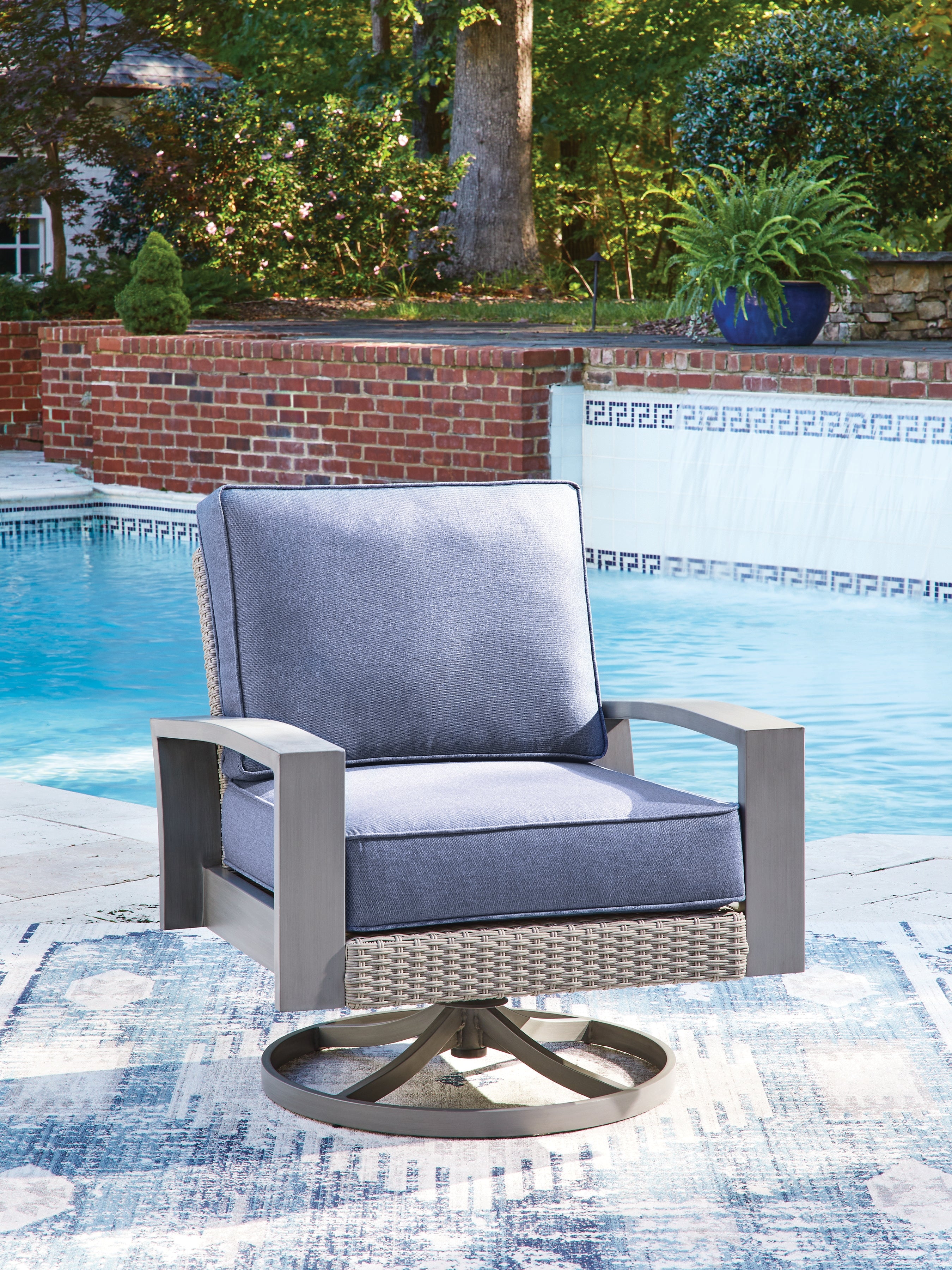 Luxury Living Gallery - Ashley Furniture - Half Moon Beach Outdoor - Swivel Lounge w/ Cushion / Blue/Gray - PCP418-821