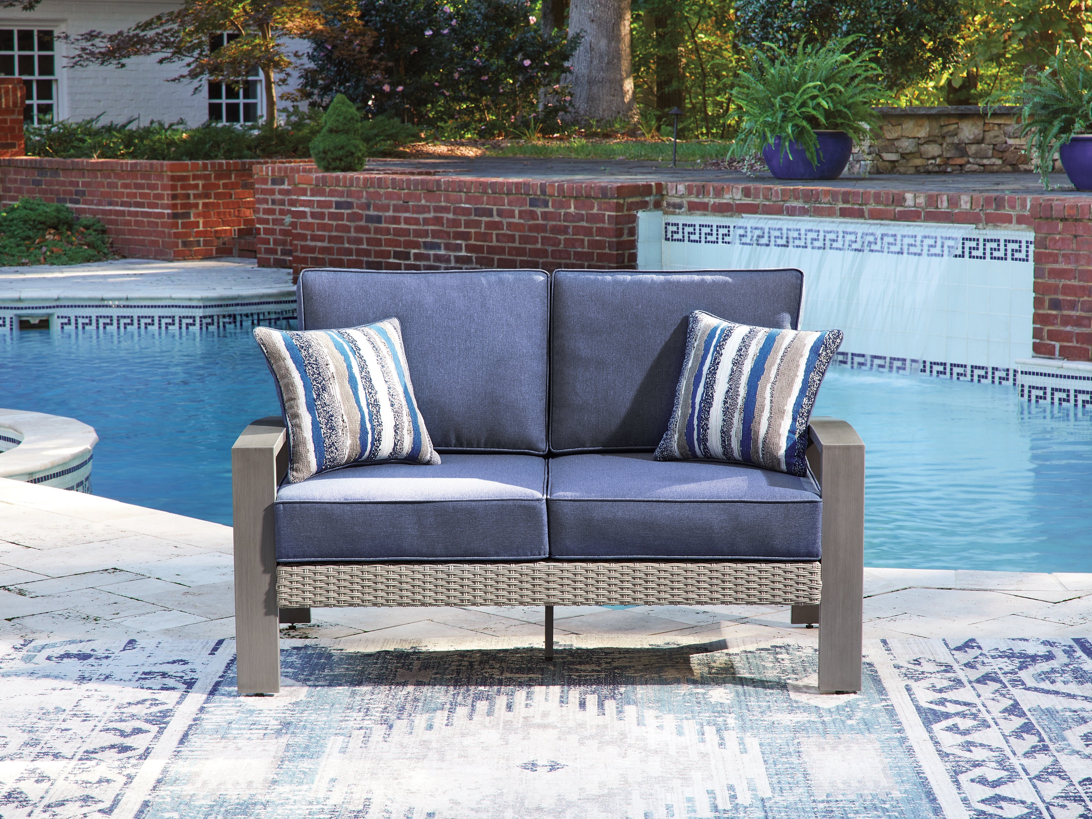 Luxury Living Gallery - Ashley Furniture - Half Moon Beach Outdoor - Loveseat w/Cushion / Blue/Gray - PCP418-835