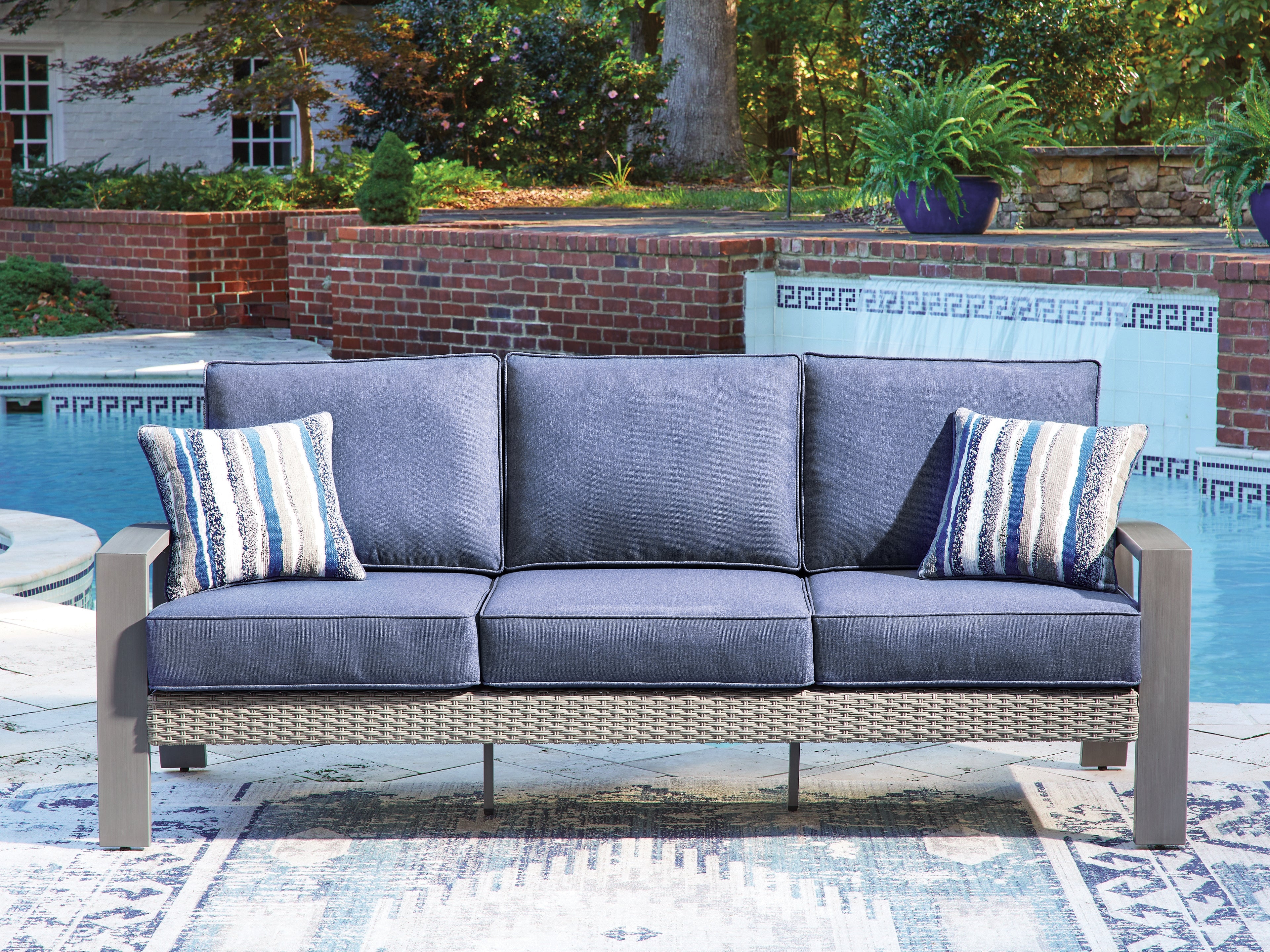 Luxury Living Gallery - Ashley Furniture - Half Moon Beach Outdoor - Sofa with Cushion / Blue/Gray - PCP418-838