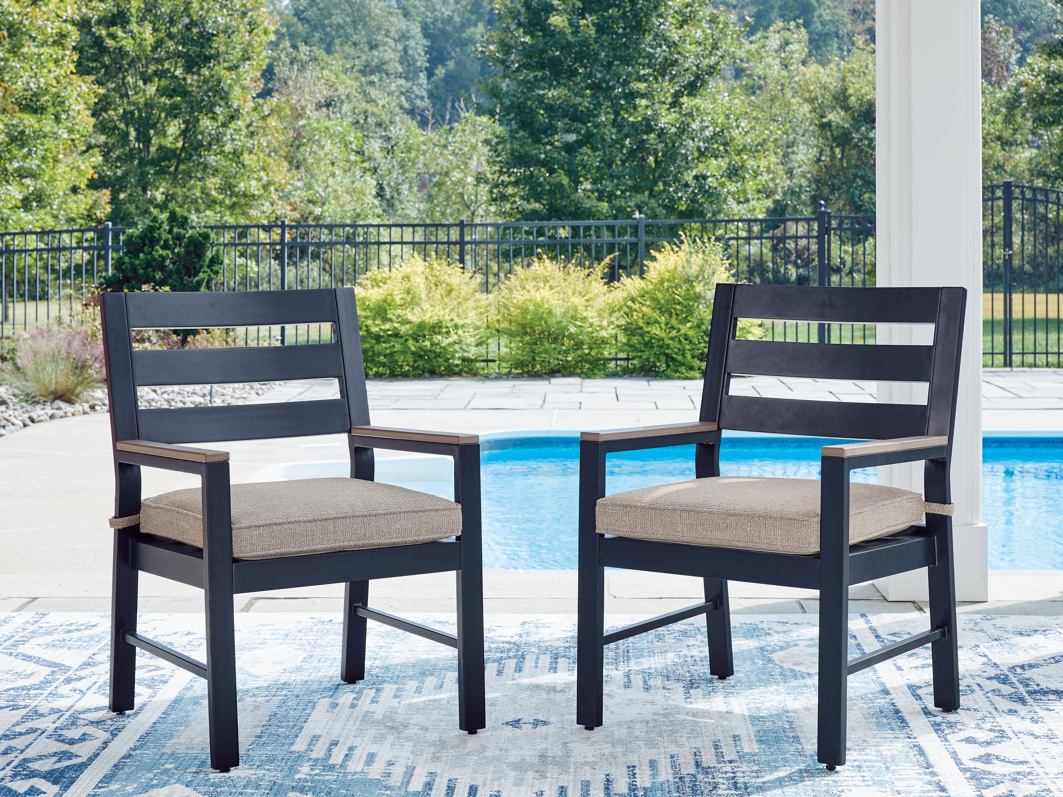 Luxury Living Gallery - Ashley Furniture - East Beach Outdoor - Arm Chair With Cushion (Set of 2) / Navy Blue/Driftwood - PCP587-601A