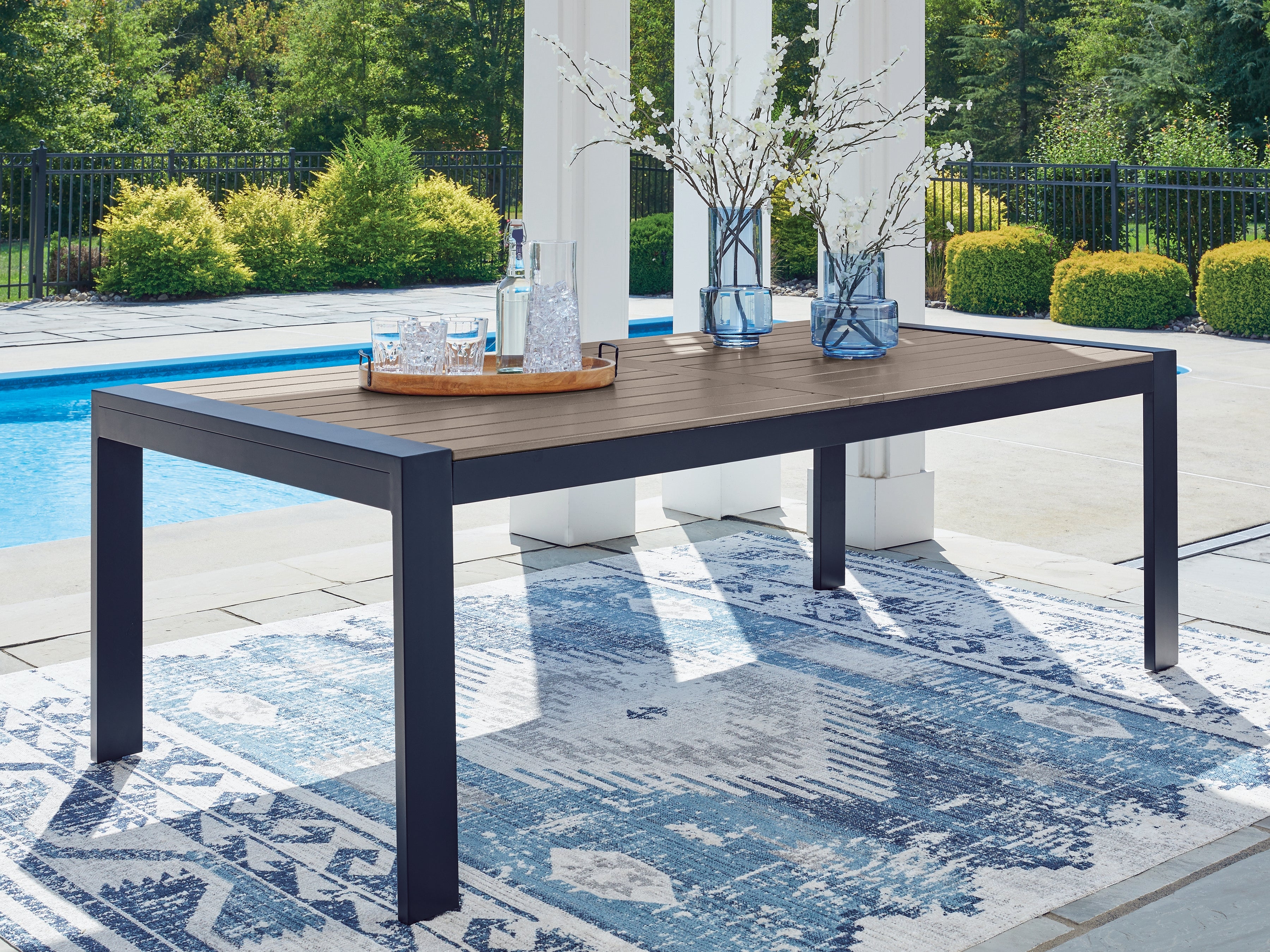 Luxury Living Gallery - Ashley Furniture - East Beach Outdoor - RECT Dining Table w/UMB OPT / Navy Blue/Driftwood - PCP587-625