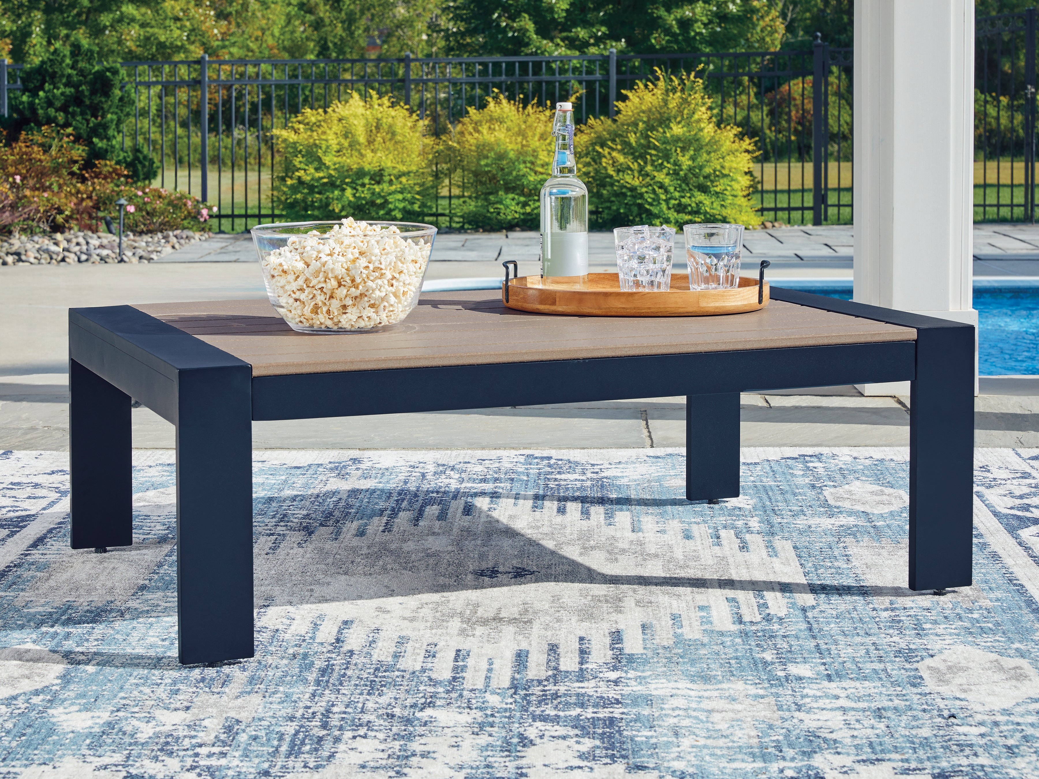 Luxury Living Gallery - Ashley Furniture - East Beach Outdoor - Rectangular Cocktail Table / Navy Blue/Driftwood - PCP587-701