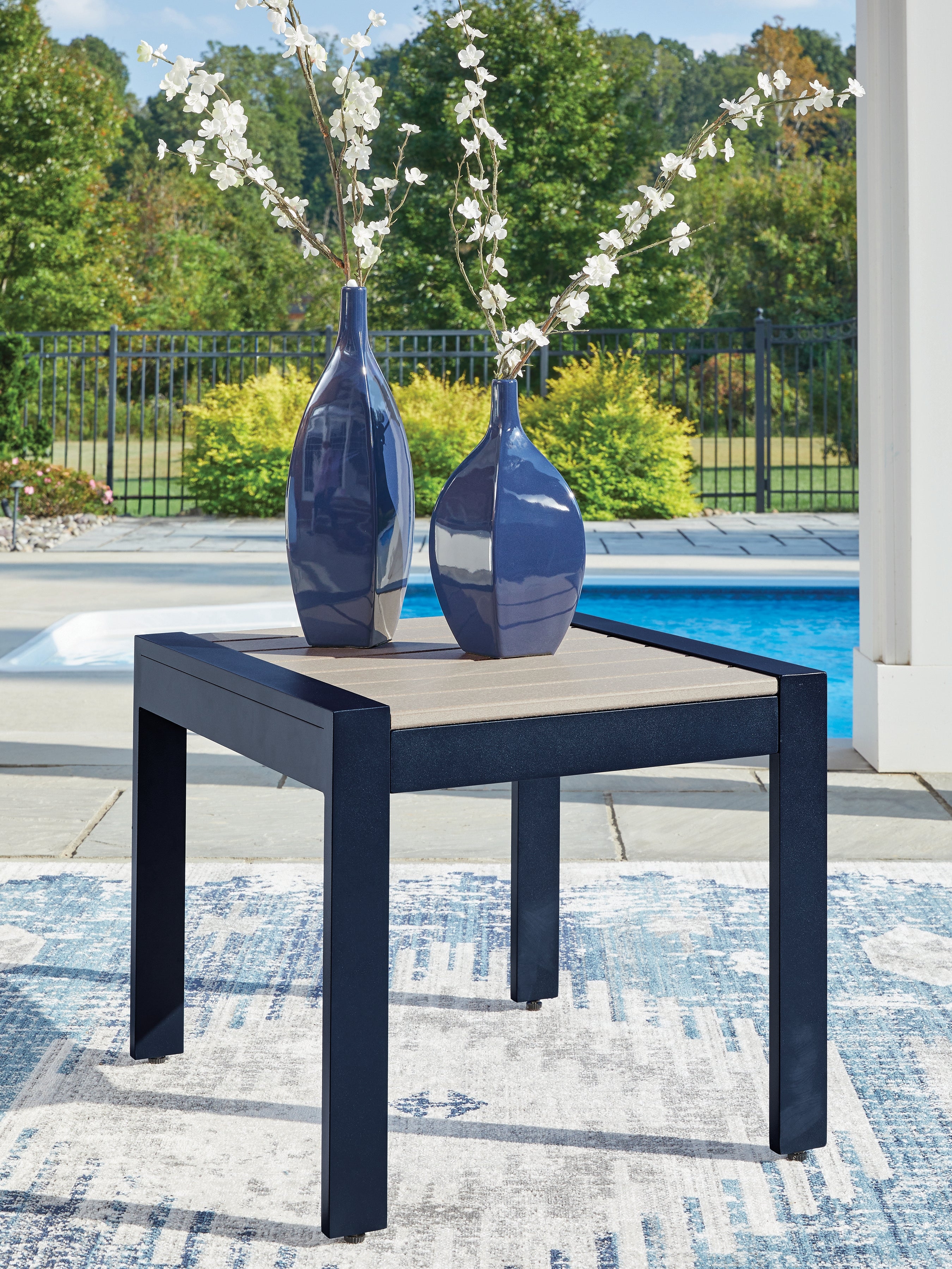 Luxury Living Gallery - Ashley Furniture - East Beach Outdoor - Rectangular End Table / Navy Blue/Driftwood - PCP587-703