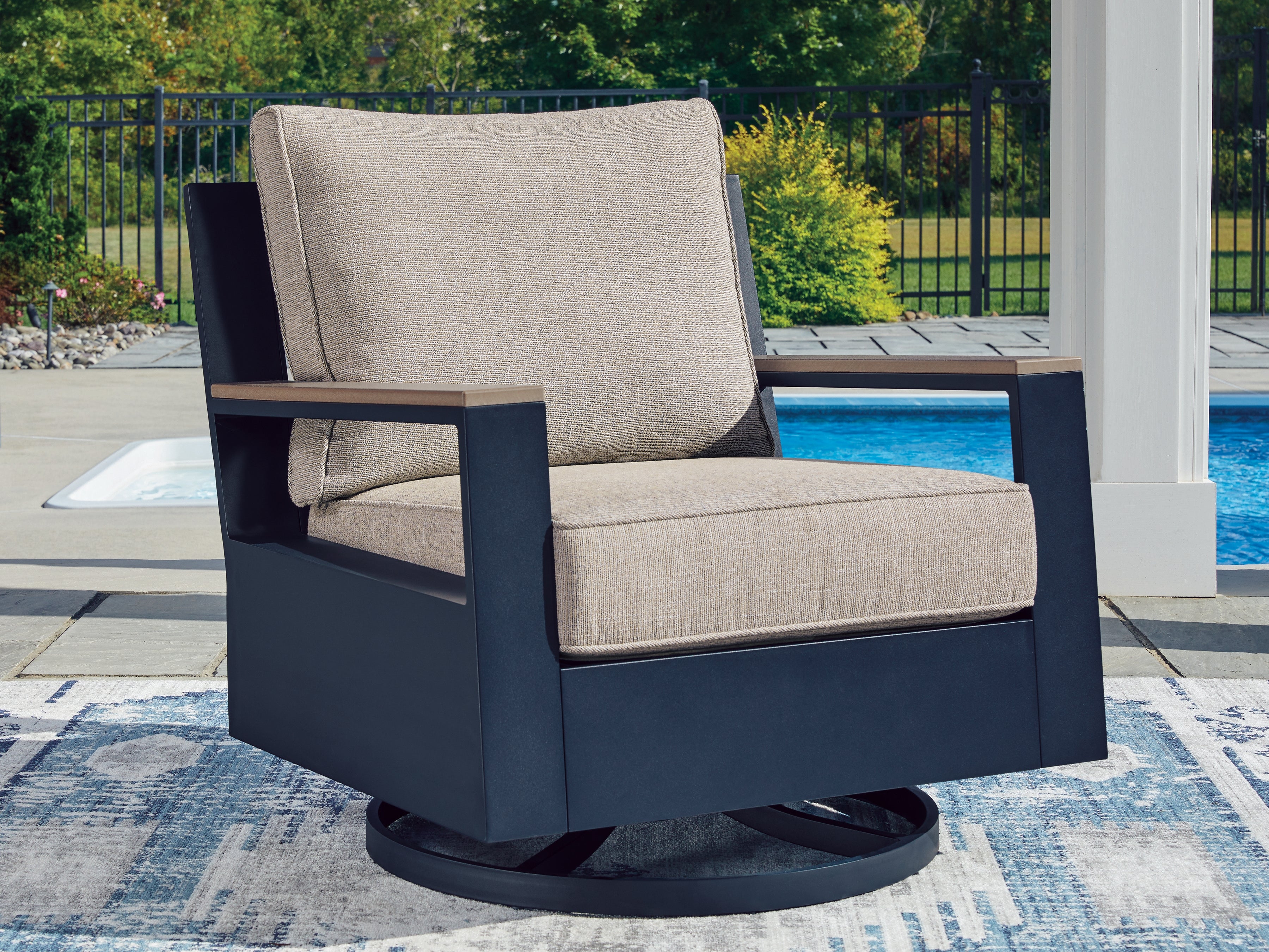 Luxury Living Gallery - Ashley Furniture - East Beach Outdoor - Swivel Glider Chair w/Cushion / Navy Blue/Driftwood - PCP587-821