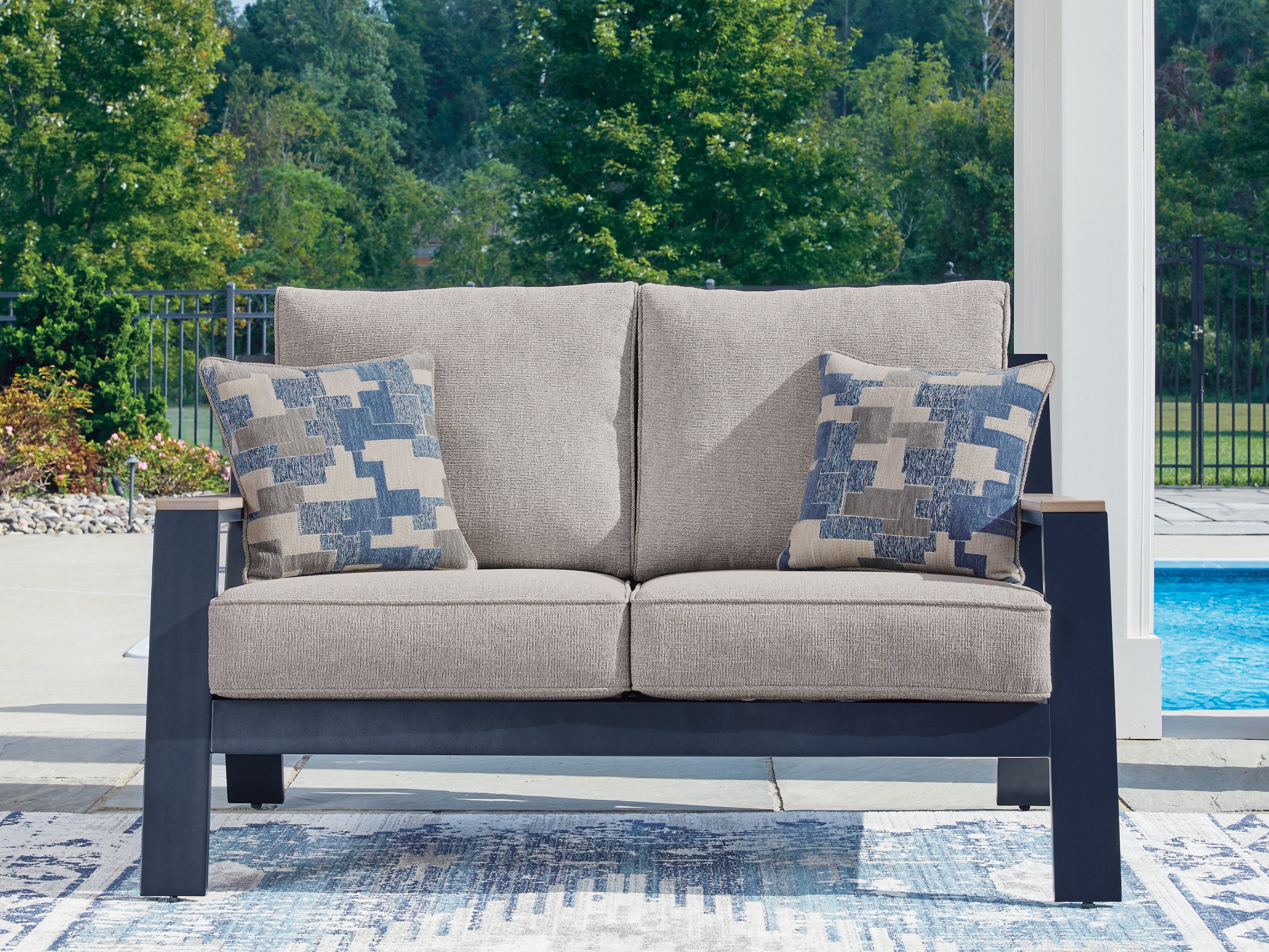 Luxury Living Gallery - Ashley Furniture - East Beach Outdoor - Loveseat w/Cushion / Navy Blue/Driftwood - PCP587-835