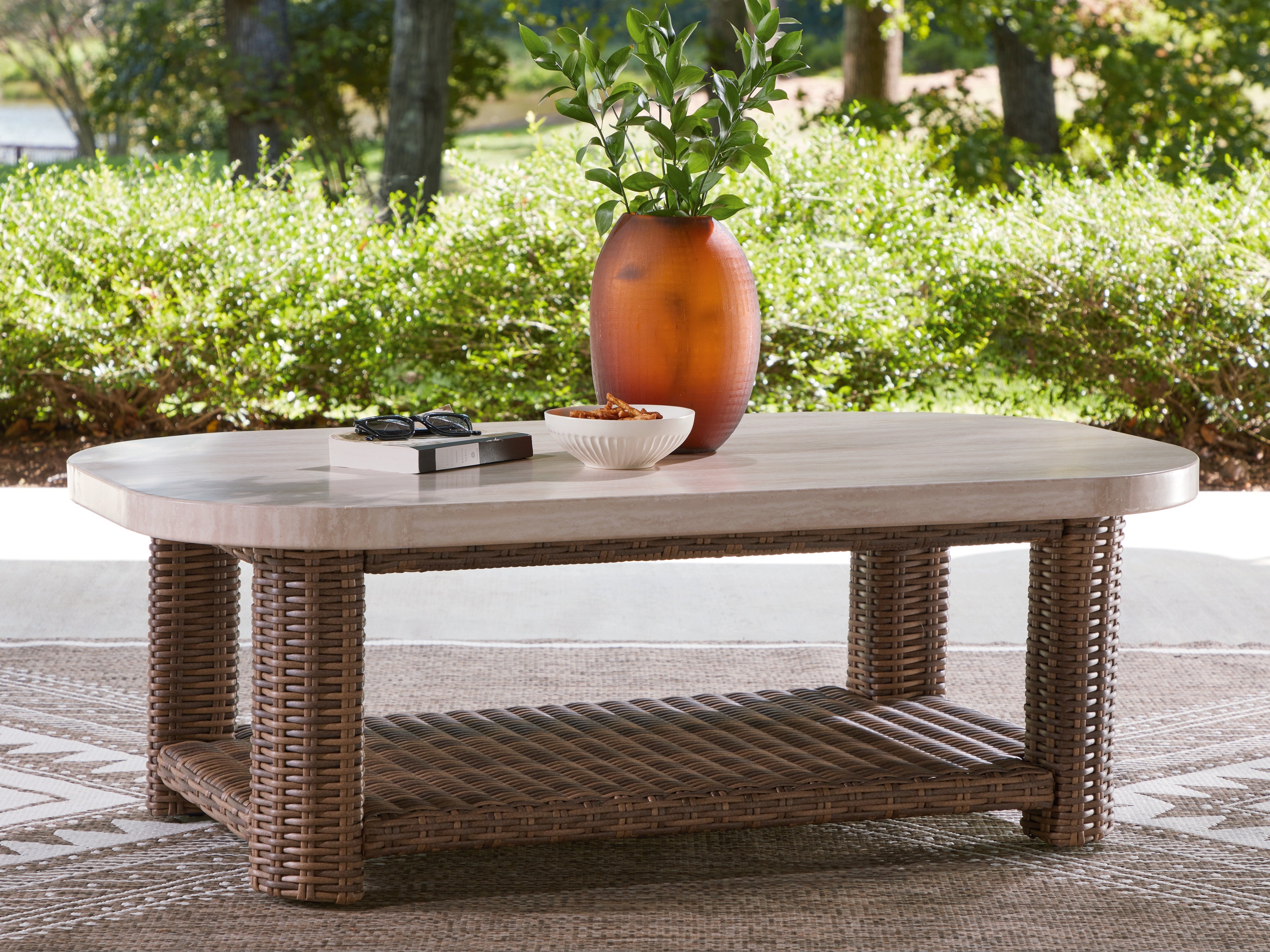 Luxury Living Gallery - Ashley Furniture - Dolan Creek Outdoor - Rectangular Cocktail Table / Beige/Brown - PCP610-701